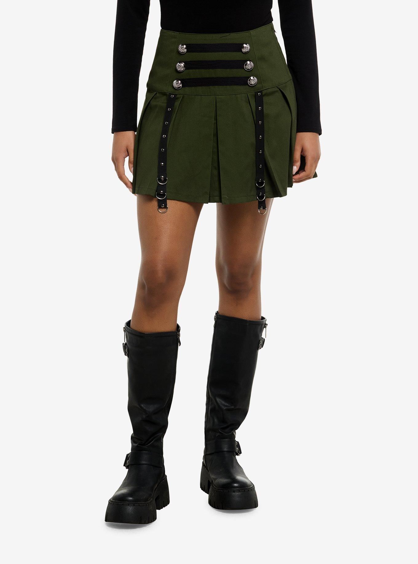 Thorn & Fable Green Grommet Tape Pleated Mini Skirt, , hi-res