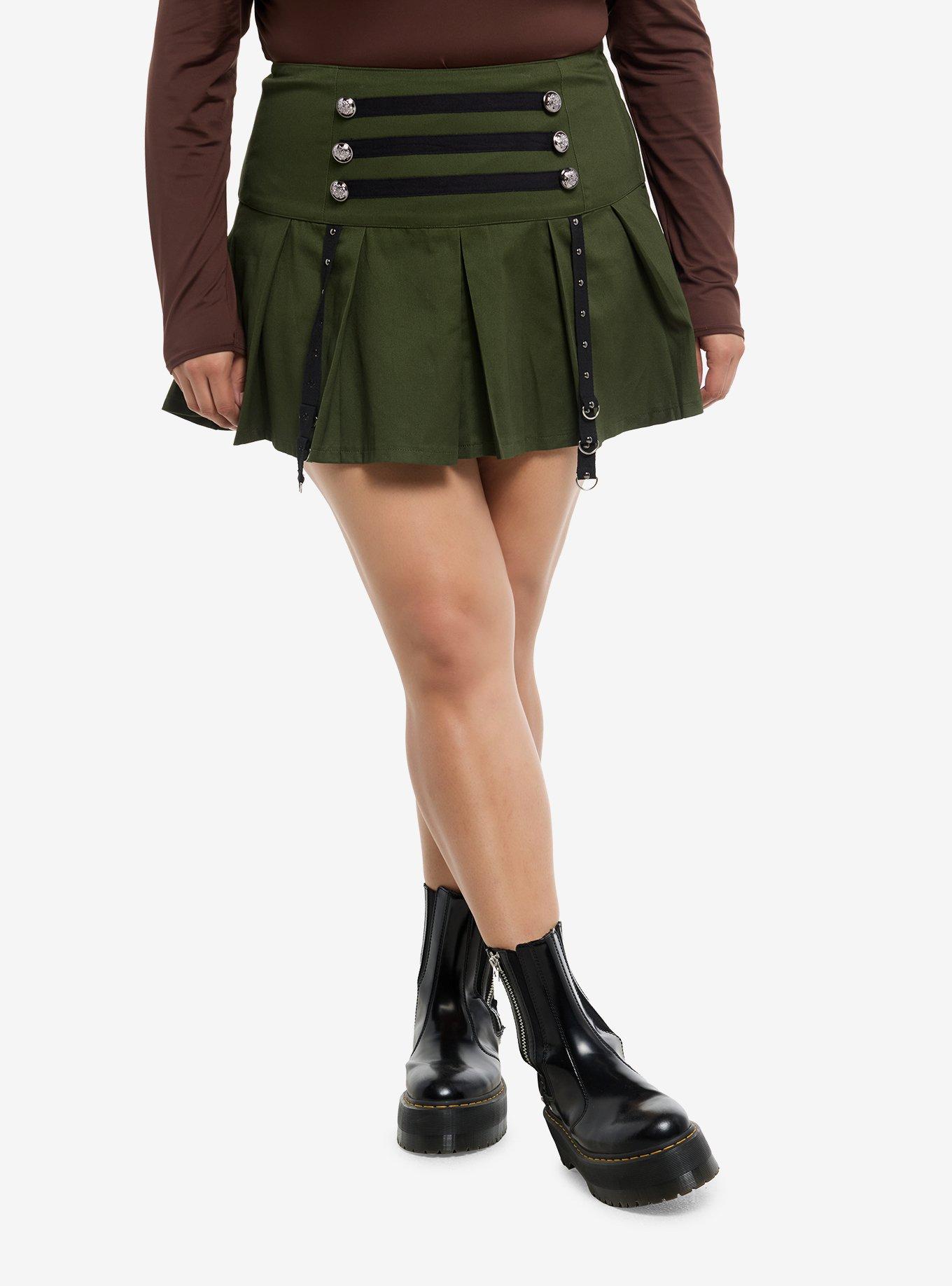 Thorn & Fable Green Grommet Tape Pleated Mini Skirt Plus Size, , hi-res