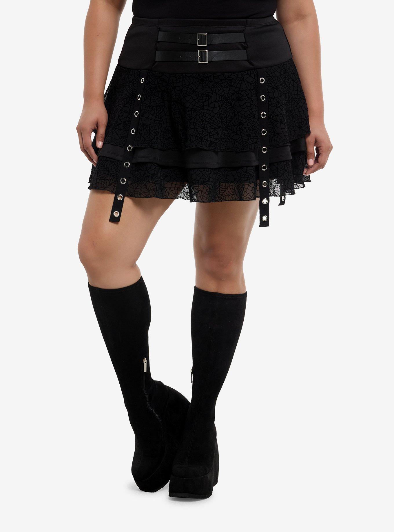 Social Collision Spiderweb Lace Grommet Buckle Tiered Skirt Plus Size, , hi-res