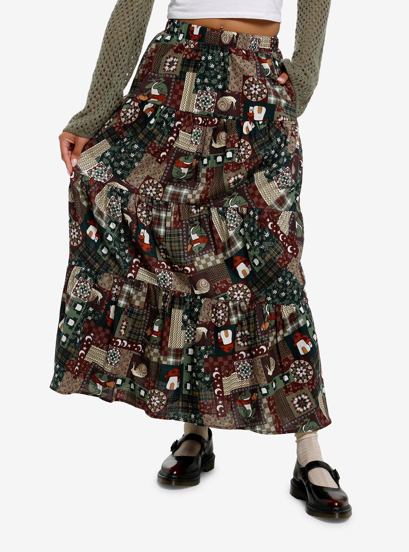 Thorn & Fable Frog & Mushroom Patchwork Maxi Skirt, BROWN, hi-res