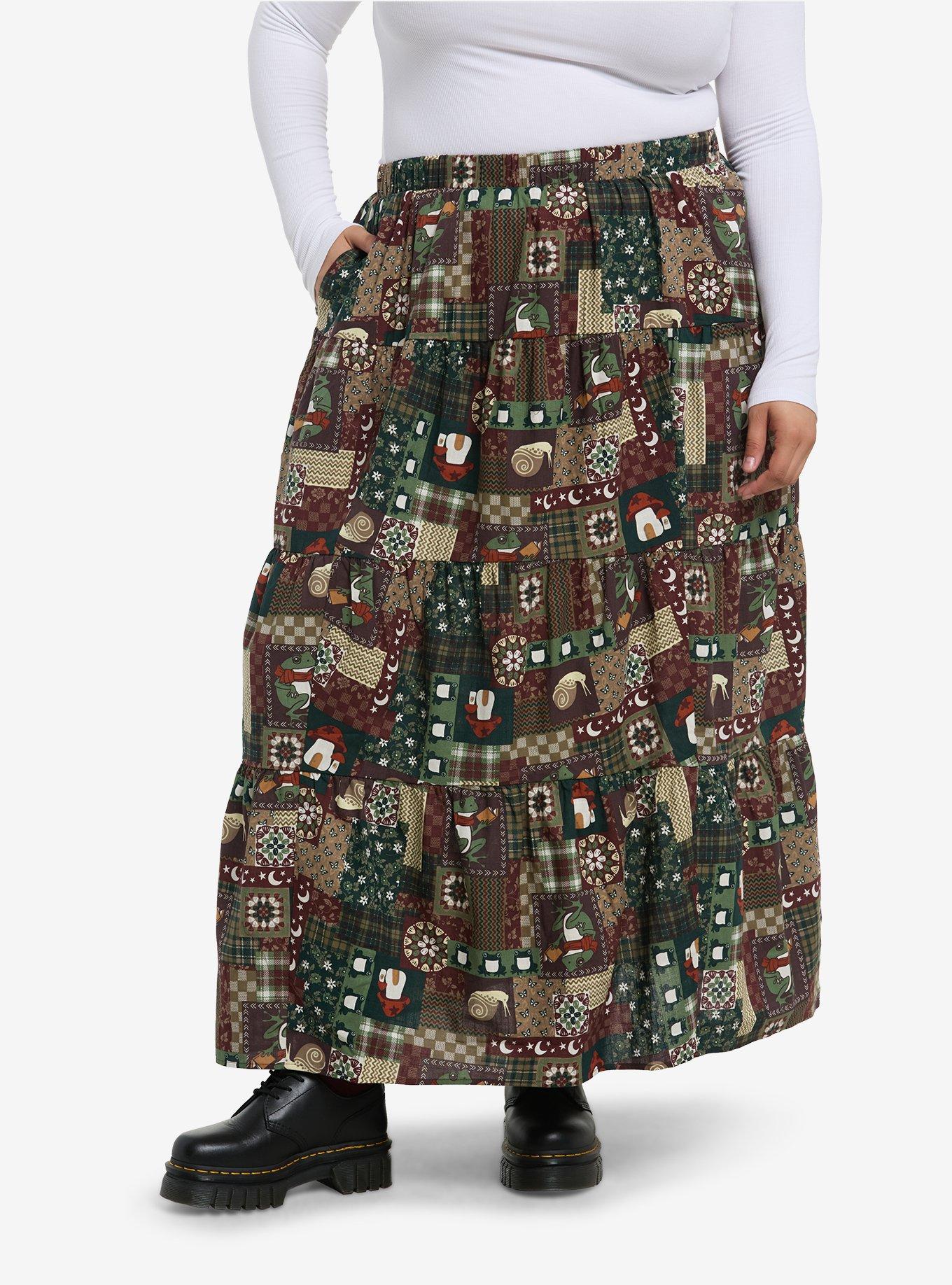 Thorn & Fable Frog & Mushroom Patchwork Maxi Skirt Plus Size, , hi-res