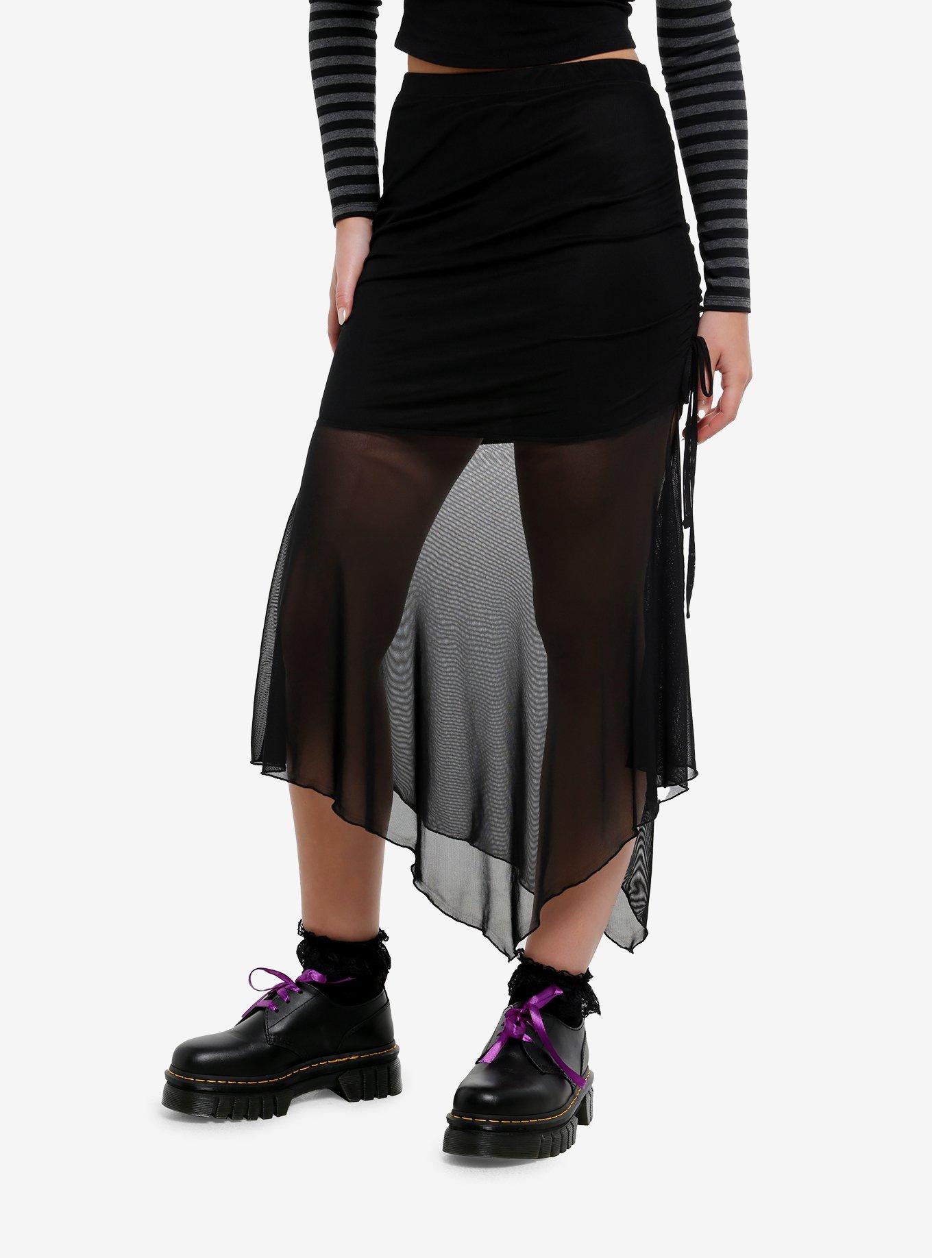 Black Mesh Ruched Midi Skirt, , hi-res