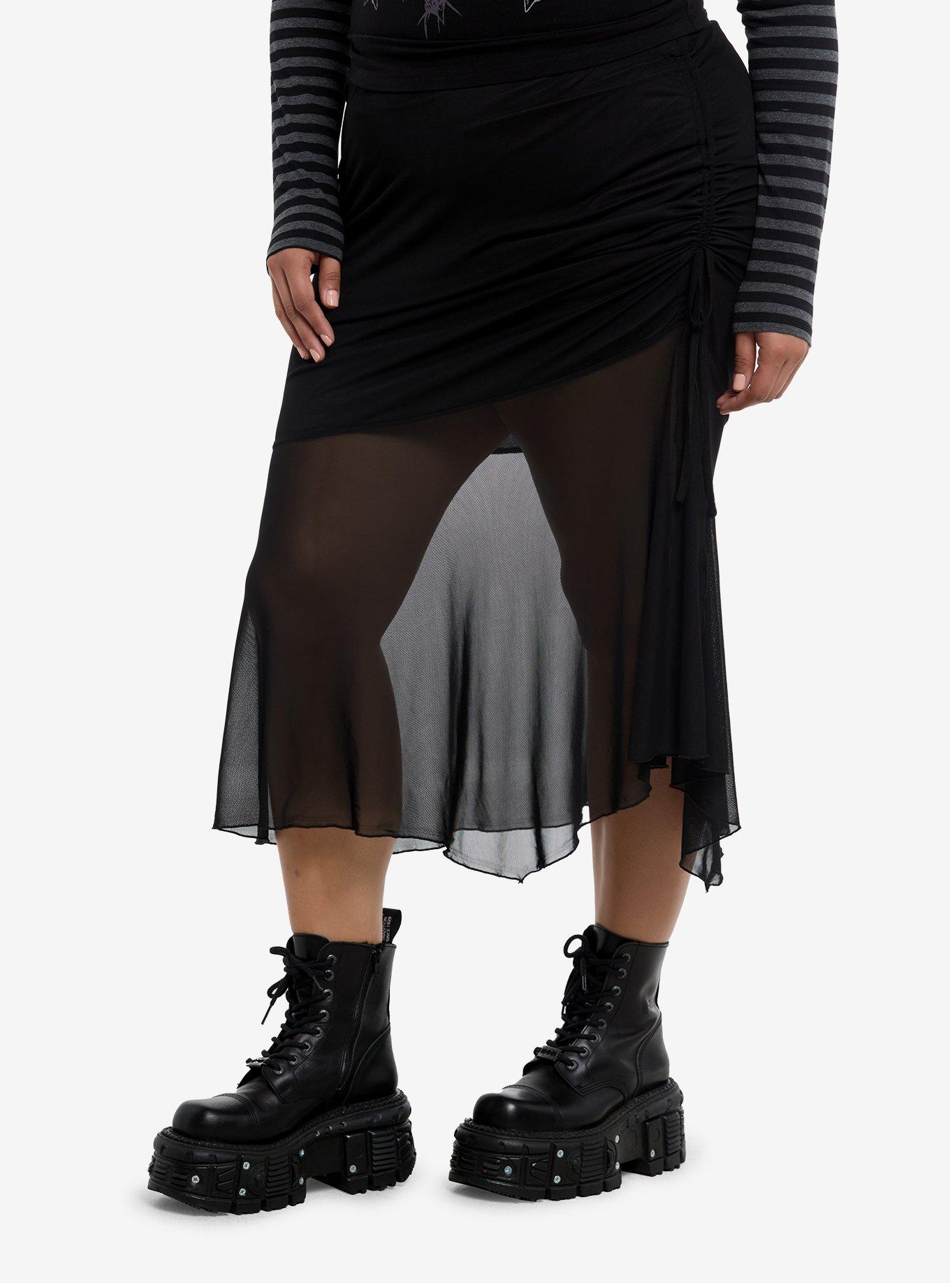 Black Mesh Ruched Midi Skirt Plus Size, , hi-res