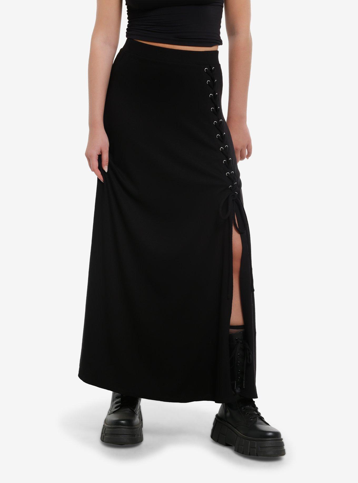 Cosmic Aura Black Ribbed Lace-Up Maxi Skirt, , hi-res