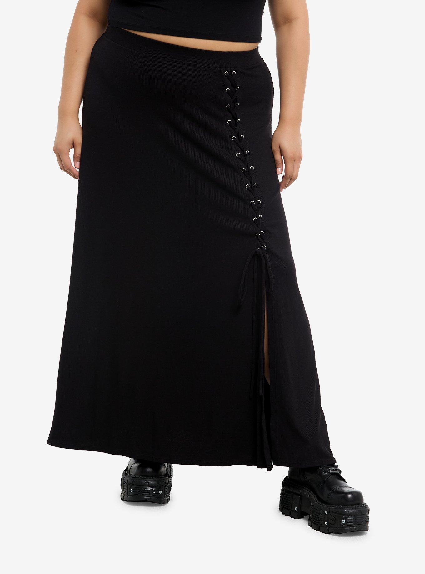 Cosmic Aura Black Ribbed Lace-Up Maxi Skirt Plus Size, , hi-res