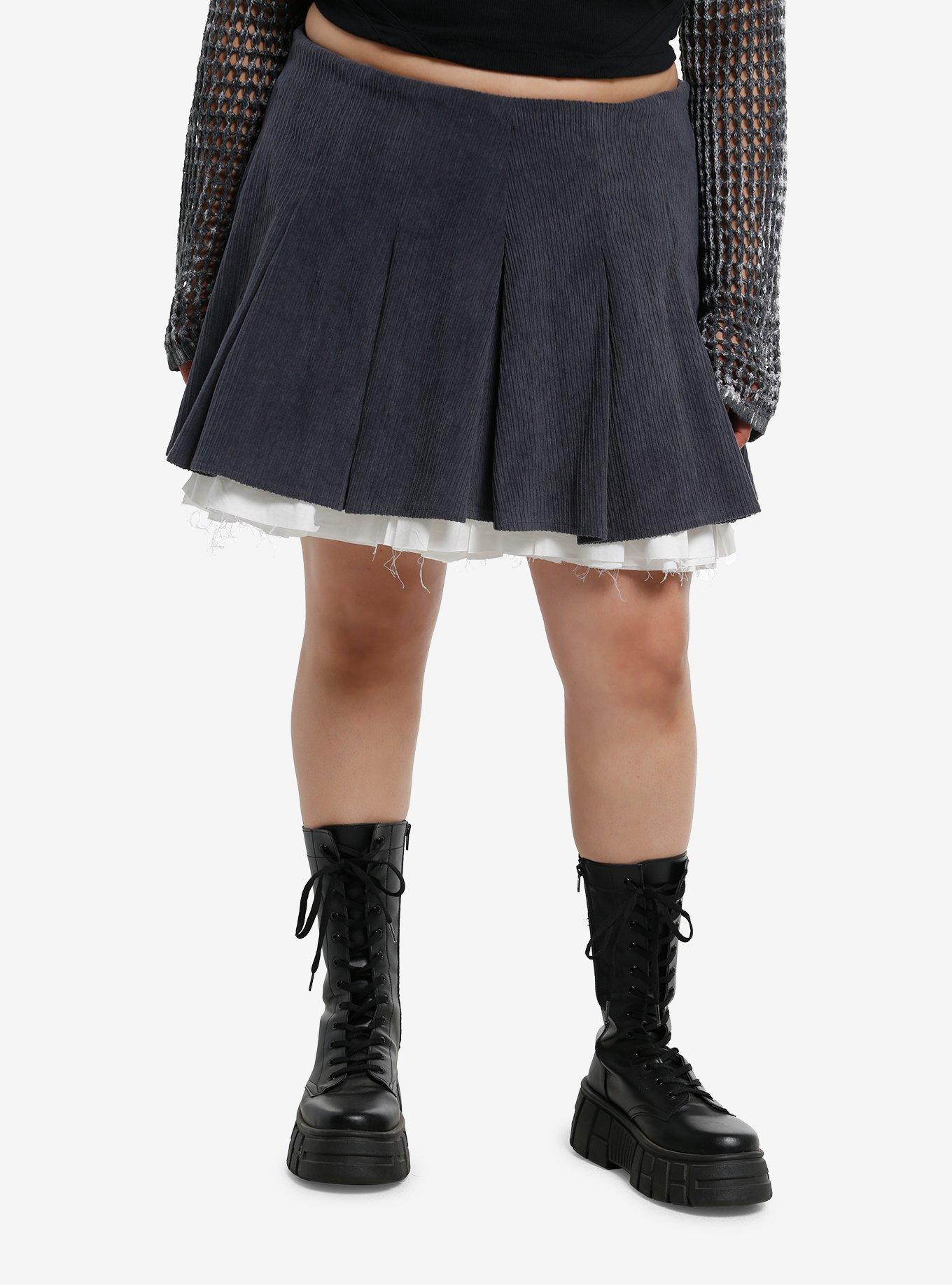 Grey Corduroy Raw Hem Layer Pleated Skirt Plus Size, , hi-res