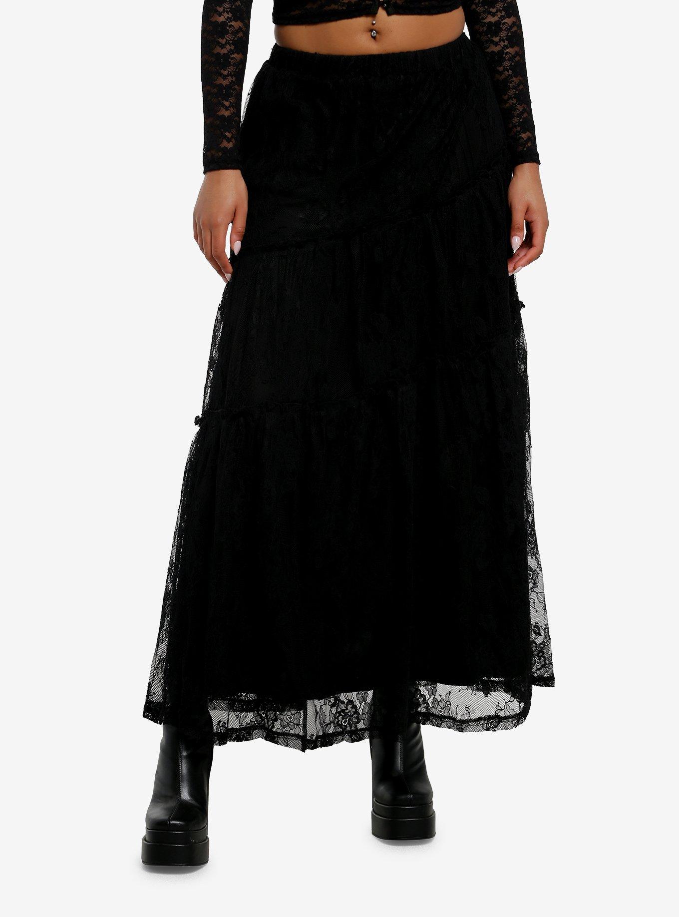 Cosmic Aura Black Lace Tiered Maxi Skirt, , hi-res