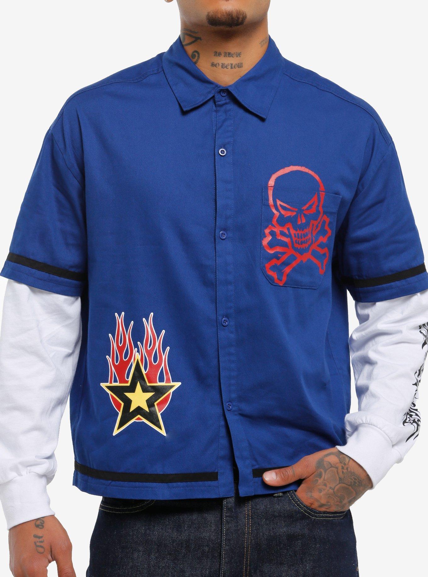 Blue Barcode Long-Sleeve Twofer Woven Button-Up, , hi-res