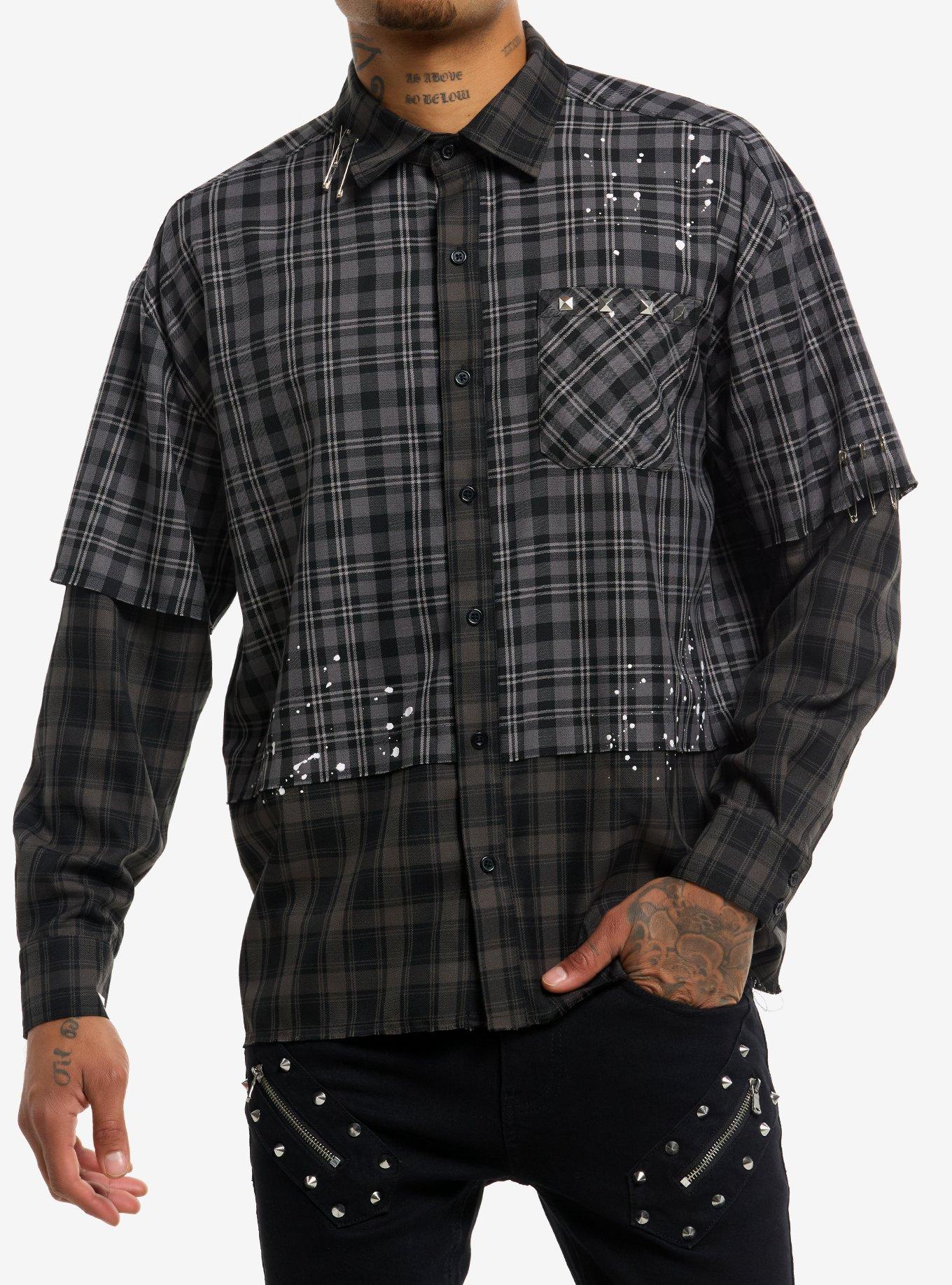 Grey Plaid Twofer Woven Button-Up, GREY, hi-res
