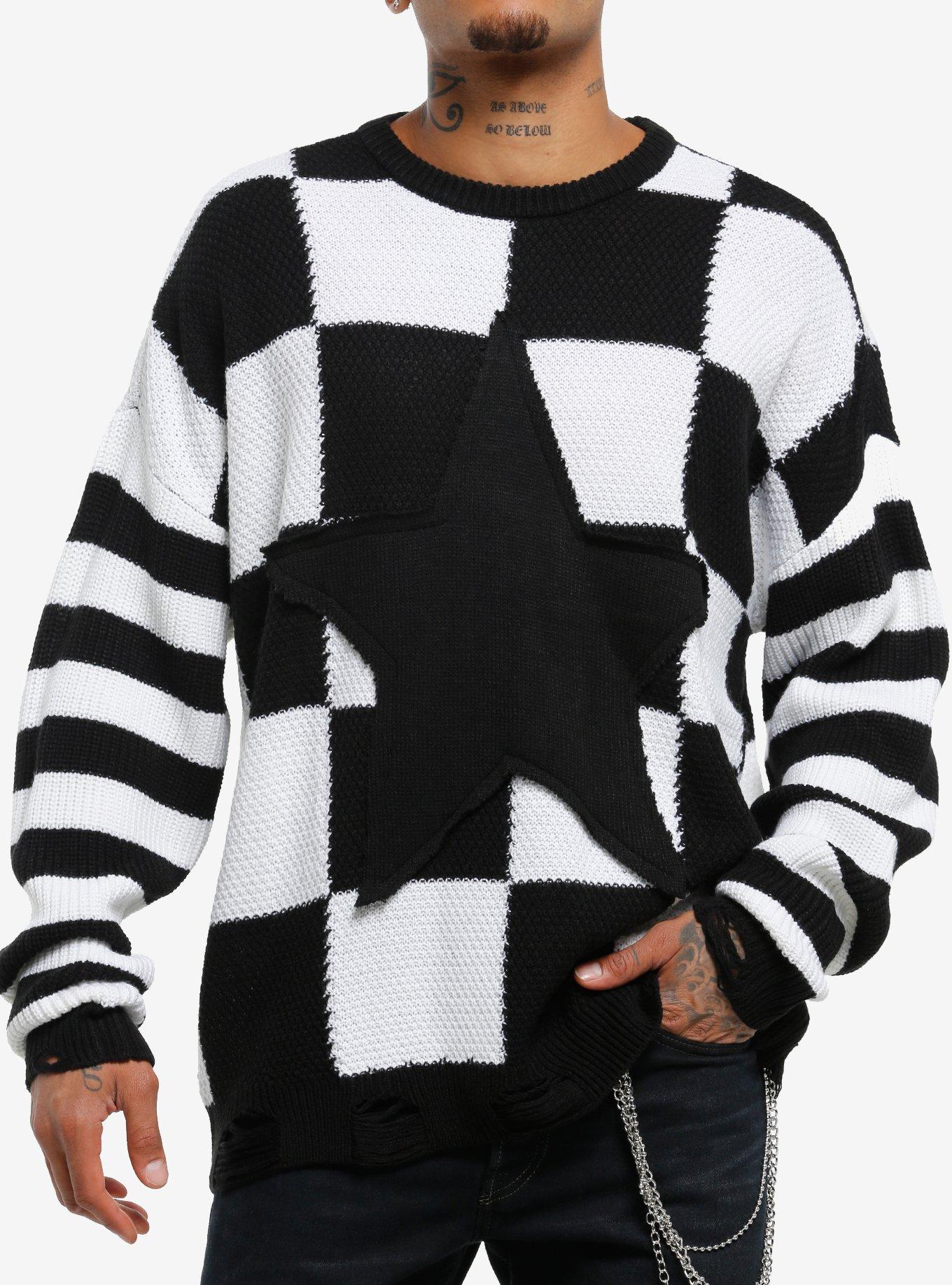 Black Star Checkered Knit Sweater, , hi-res