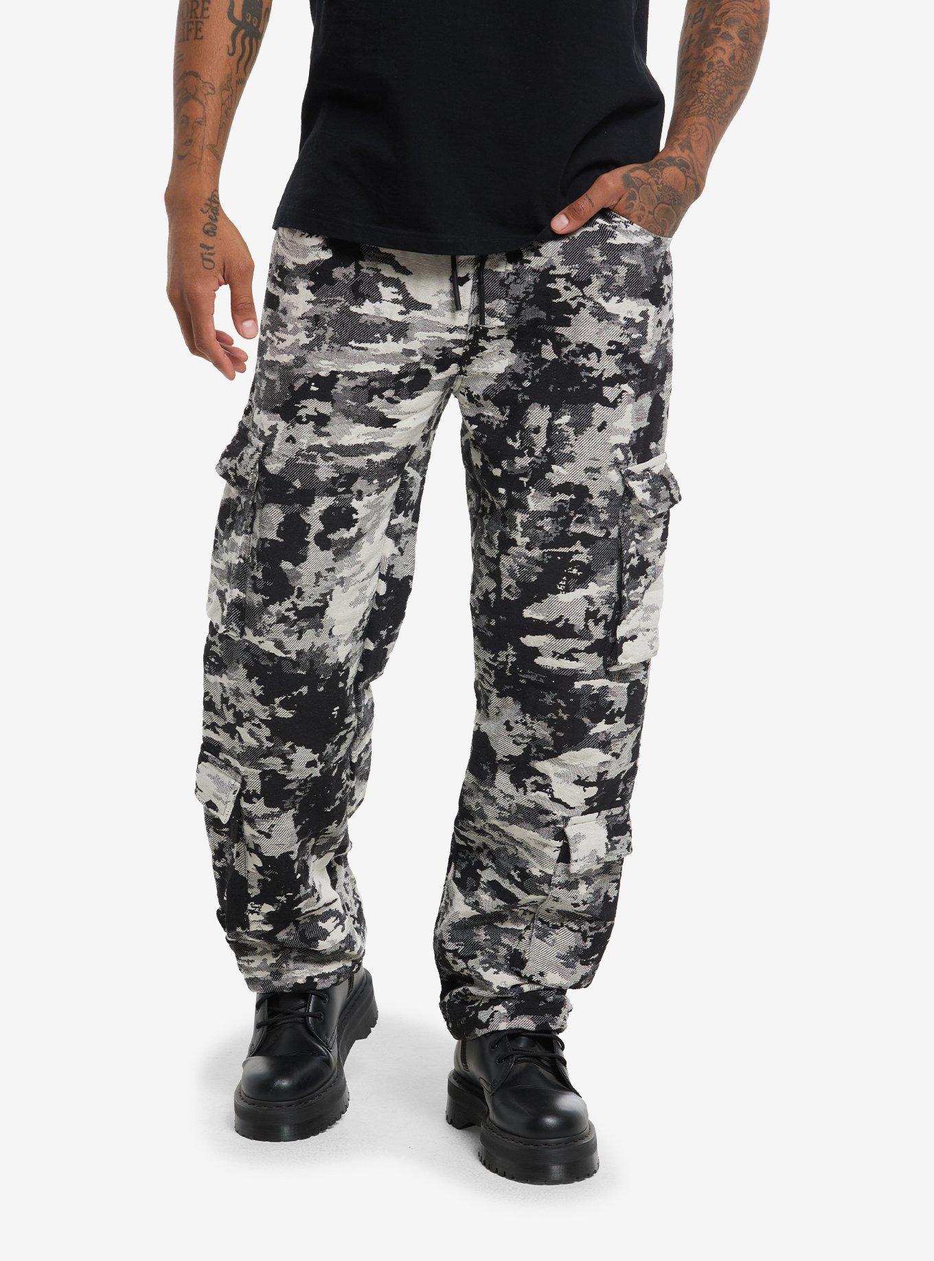 Black & Grey Camouflage Woven Cargo Pants, , hi-res