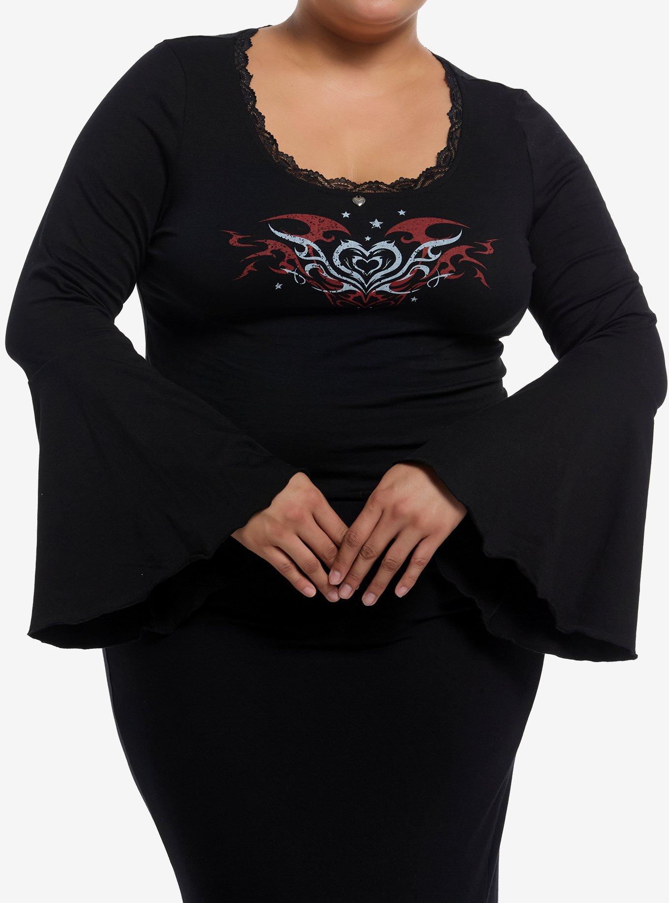 Black & Red Y2K Flame Heart Girls Bell Sleeve Top Plus Size, , hi-res