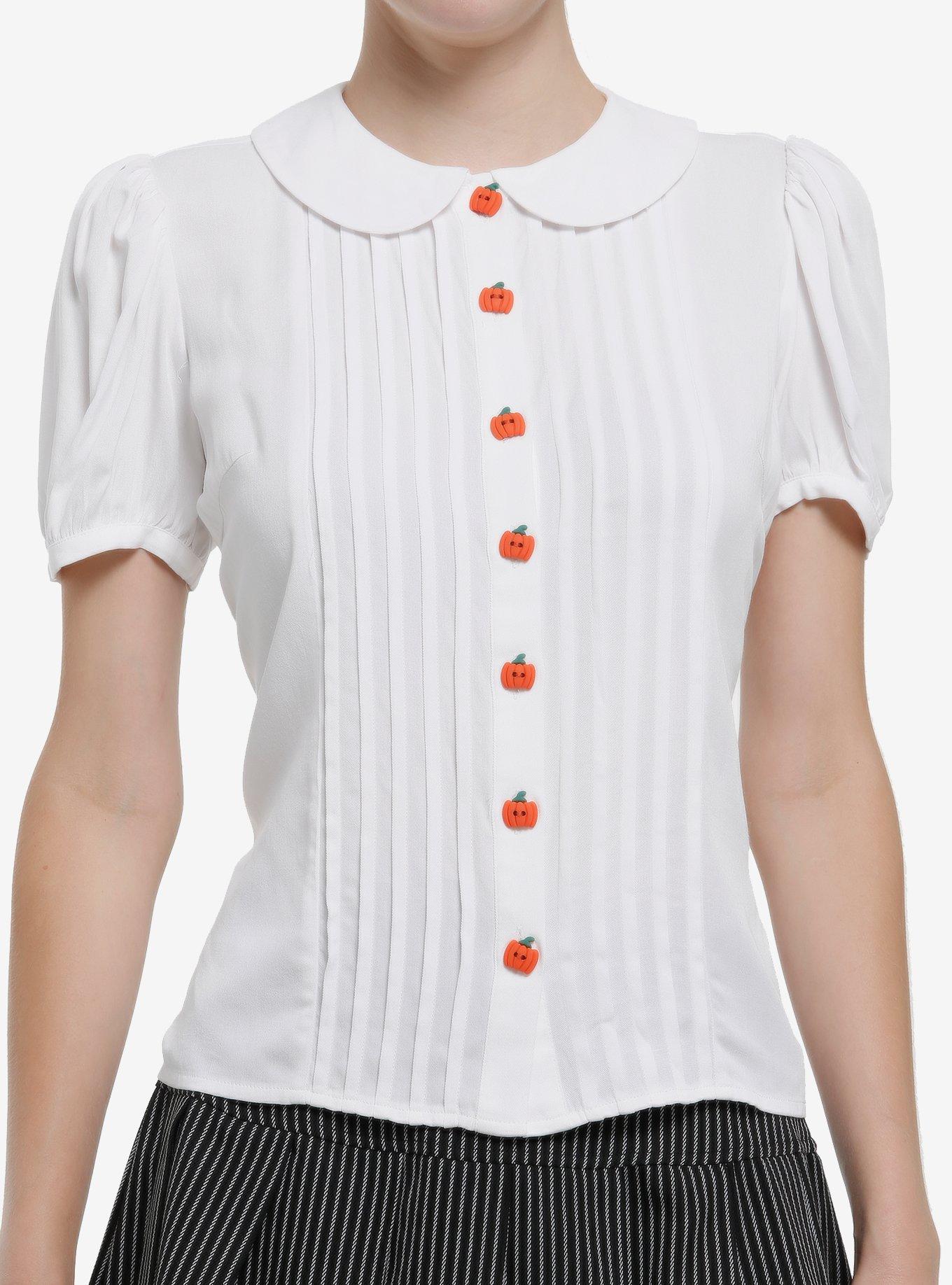 Thorn & Fable White Pleated Pumpkin Button Girls Woven Button-Up, , hi-res