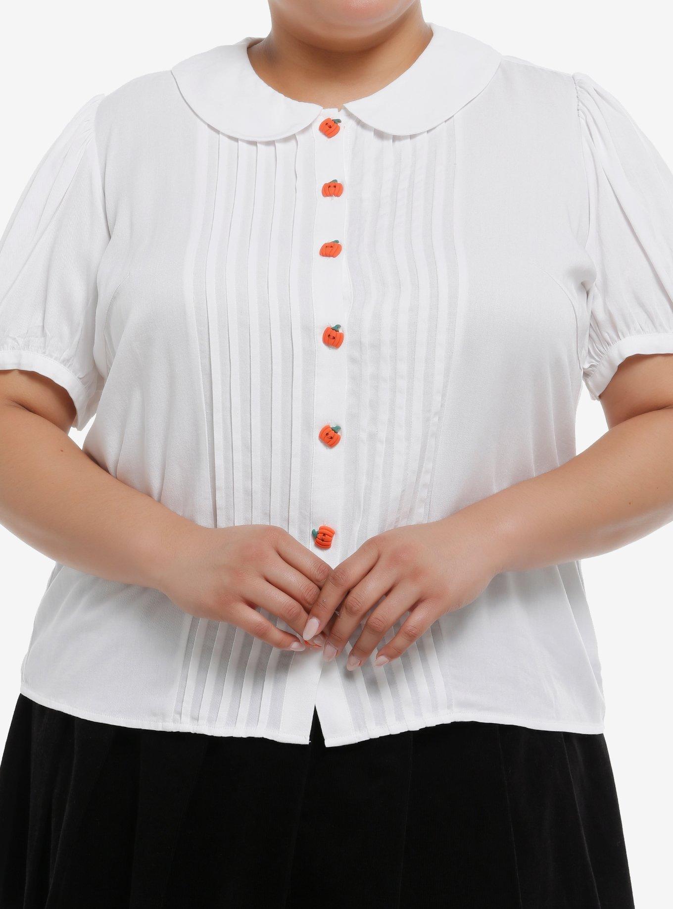 Thorn & Fable White Pleated Pumpkin Button Girls Woven Button-Up Plus Size, , hi-res