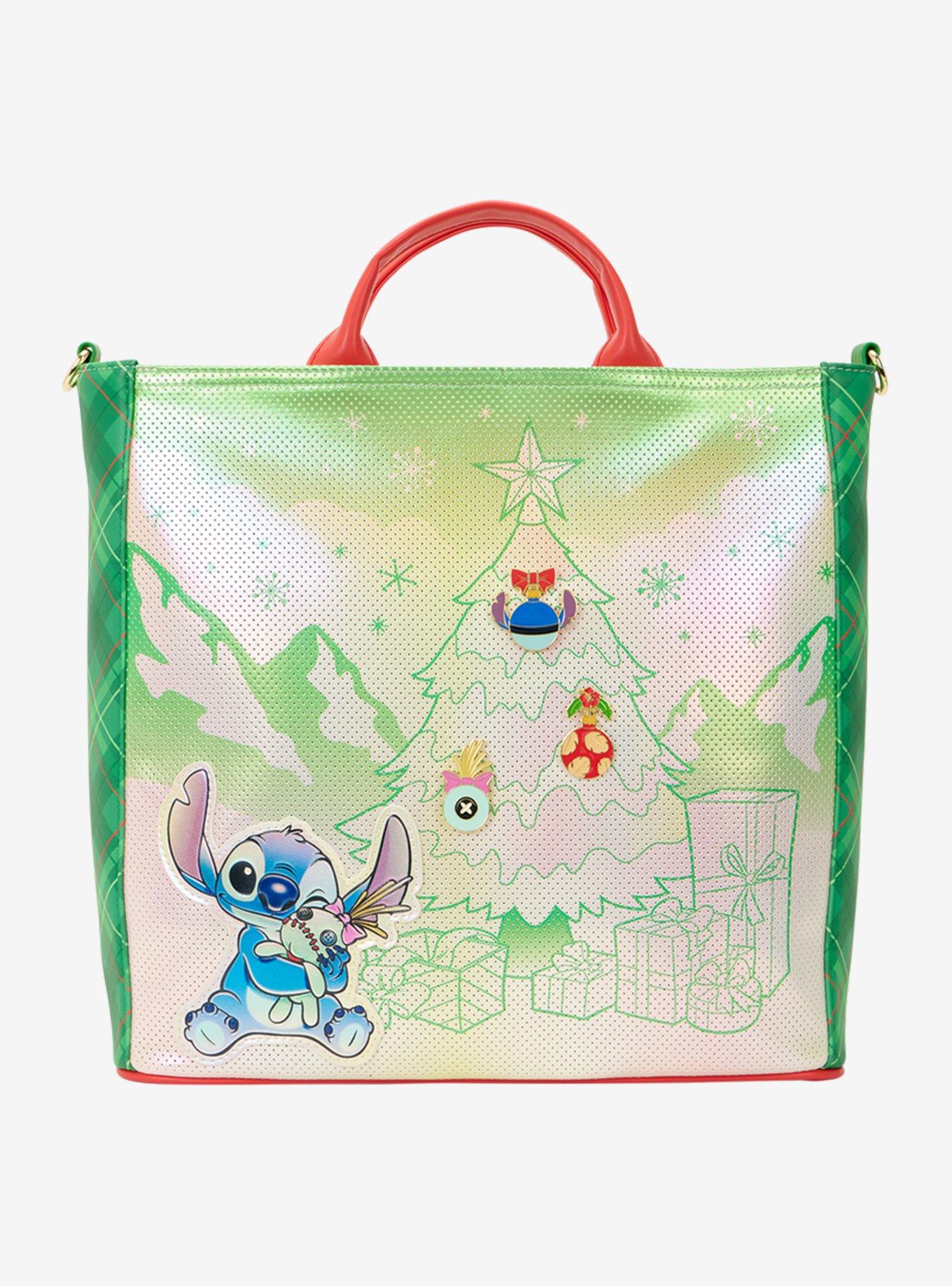 Loungefly Disney Lilo & Stitch Scrump & Stitch Christmas Tree Iridescent Pin Display Convertible Tote Bag, , hi-res