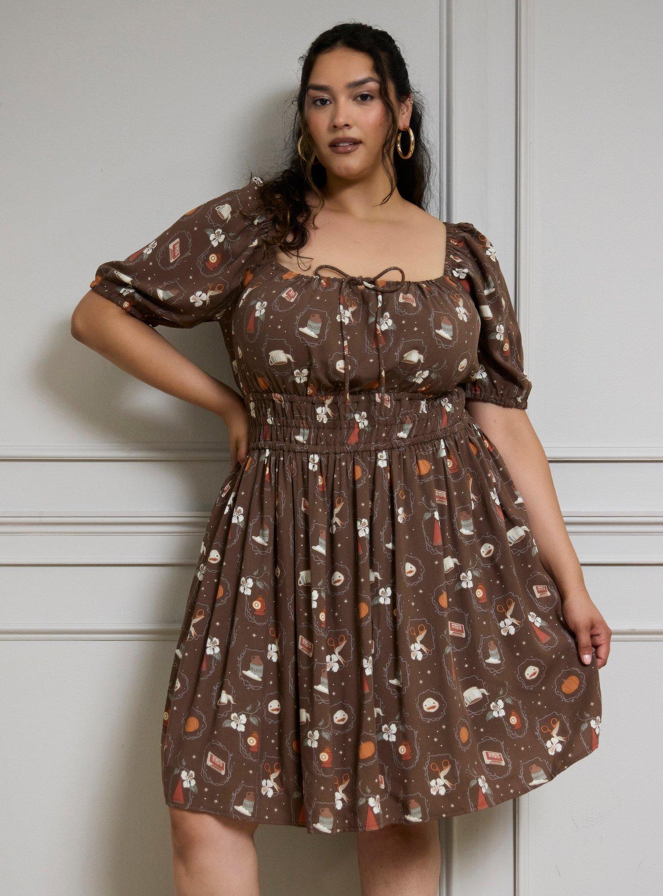 Over The Garden Wall Floral Icons Allover Print Smock Dress Plus Size