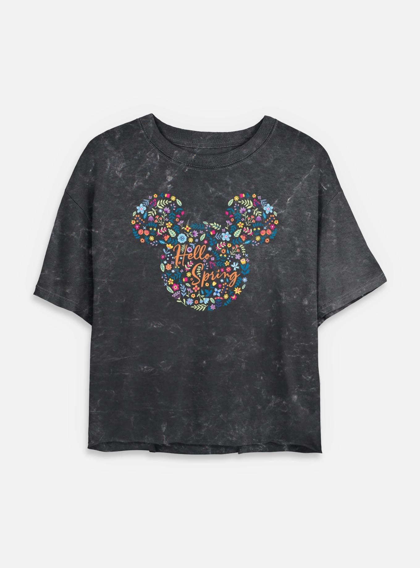 Disney Mickey Mouse Hello Spring Floral Ears  Mineral Wash Womens Crop T-Shirt, , hi-res