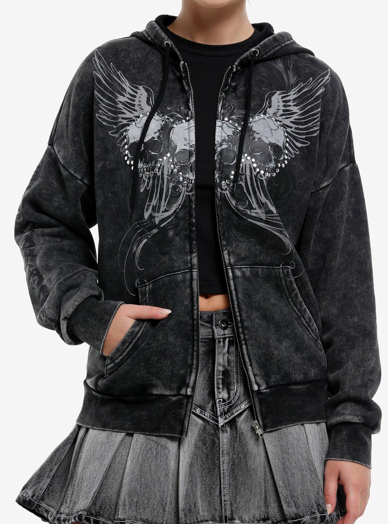 Social Collision Black Skull Trio Studded Girls Hoodie, , hi-res
