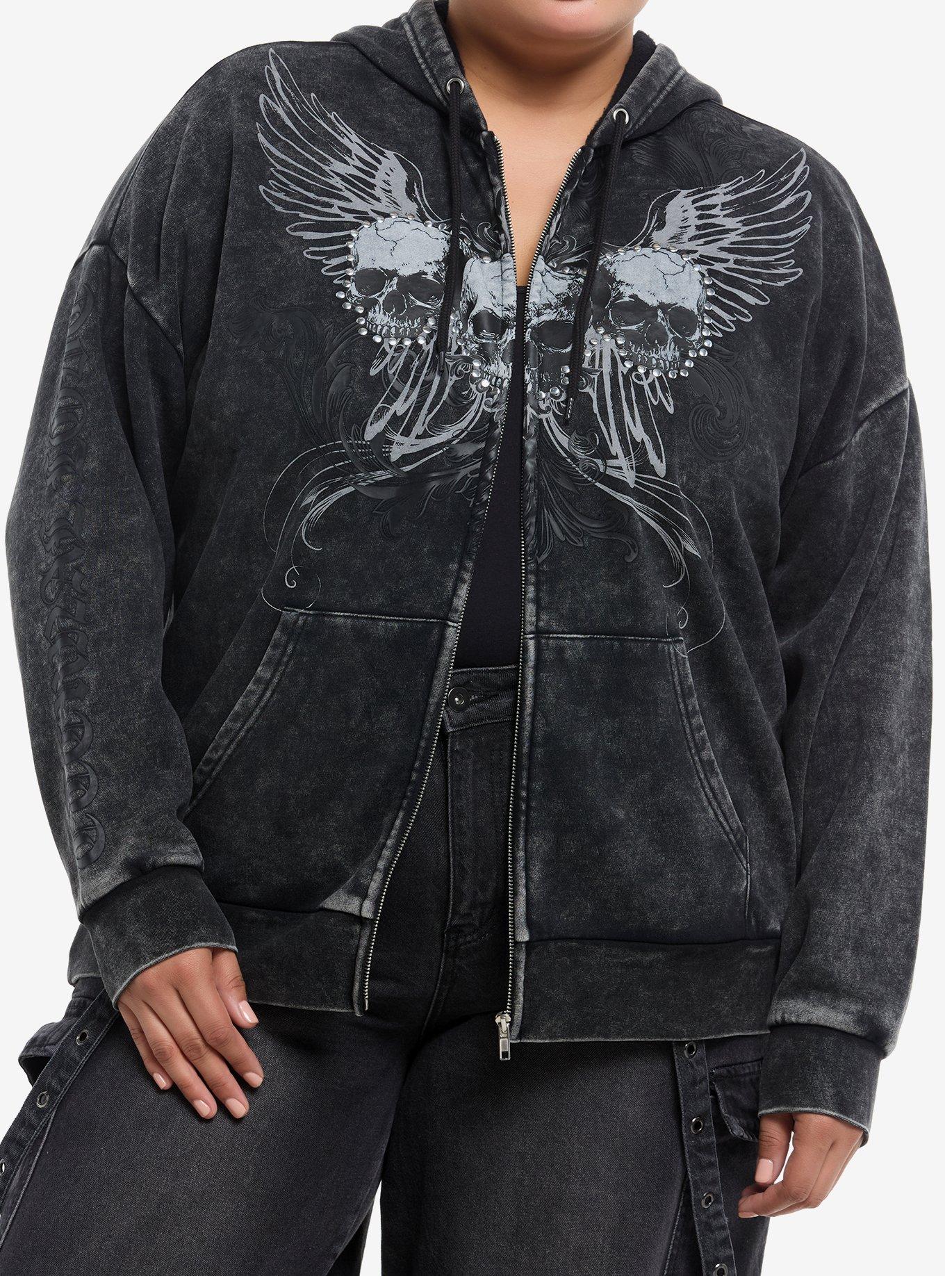 Social Collision Black Skull Trio Studded Girls Hoodie Plus Size, BLACK, hi-res