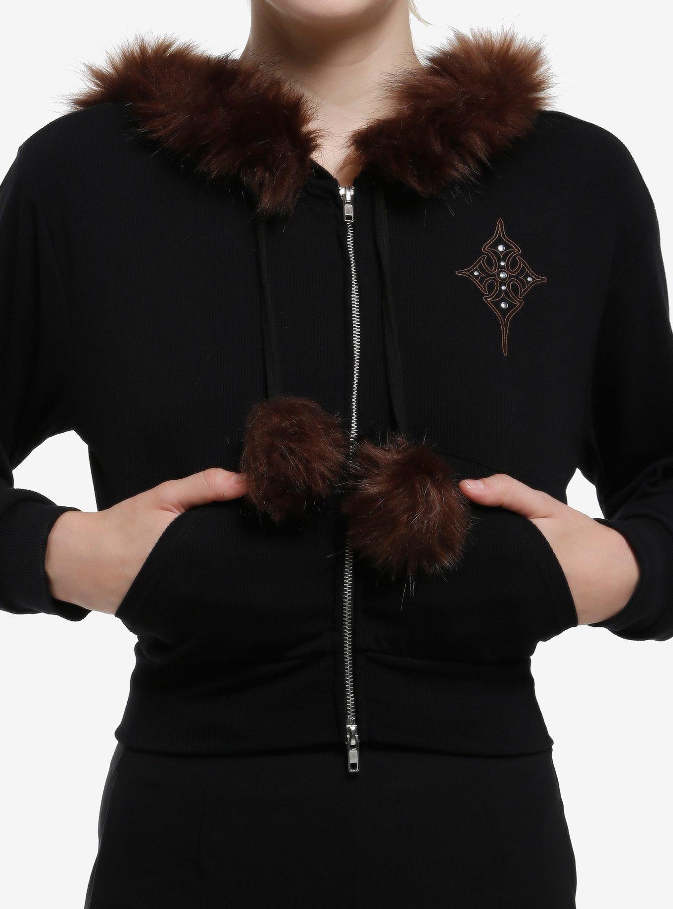 Social Collision Black & Brown Faux Fur Trim Girls Crop Hoodie, , hi-res