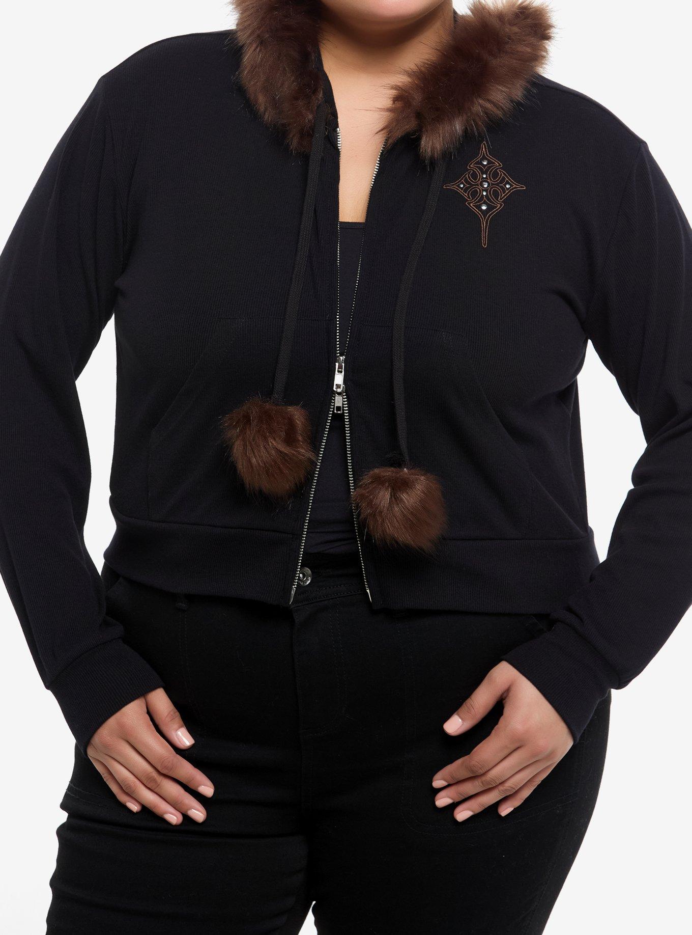Social Collision Black & Brown Faux Fur Trim Crop Girls Hoodie Plus Size, , hi-res