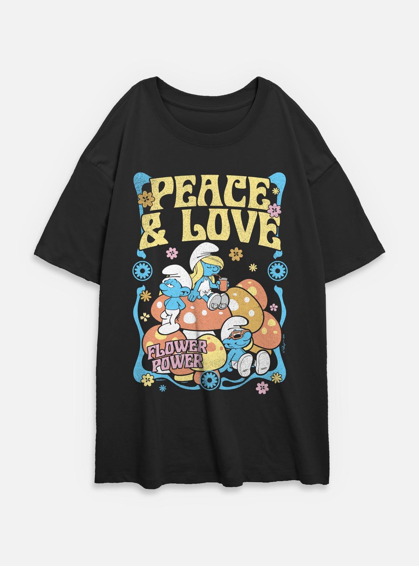 The Smurfs Peace & Love Flower Power Womens Oversized T-Shirt, BLACK, hi-res