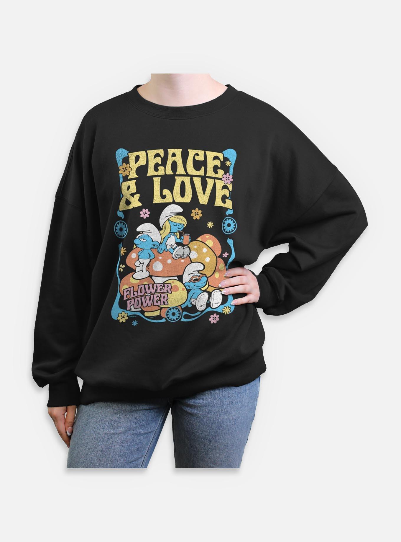The Smurfs Peace & Love Flower Power Womens Oversized Sweatshirt, BLACK, hi-res