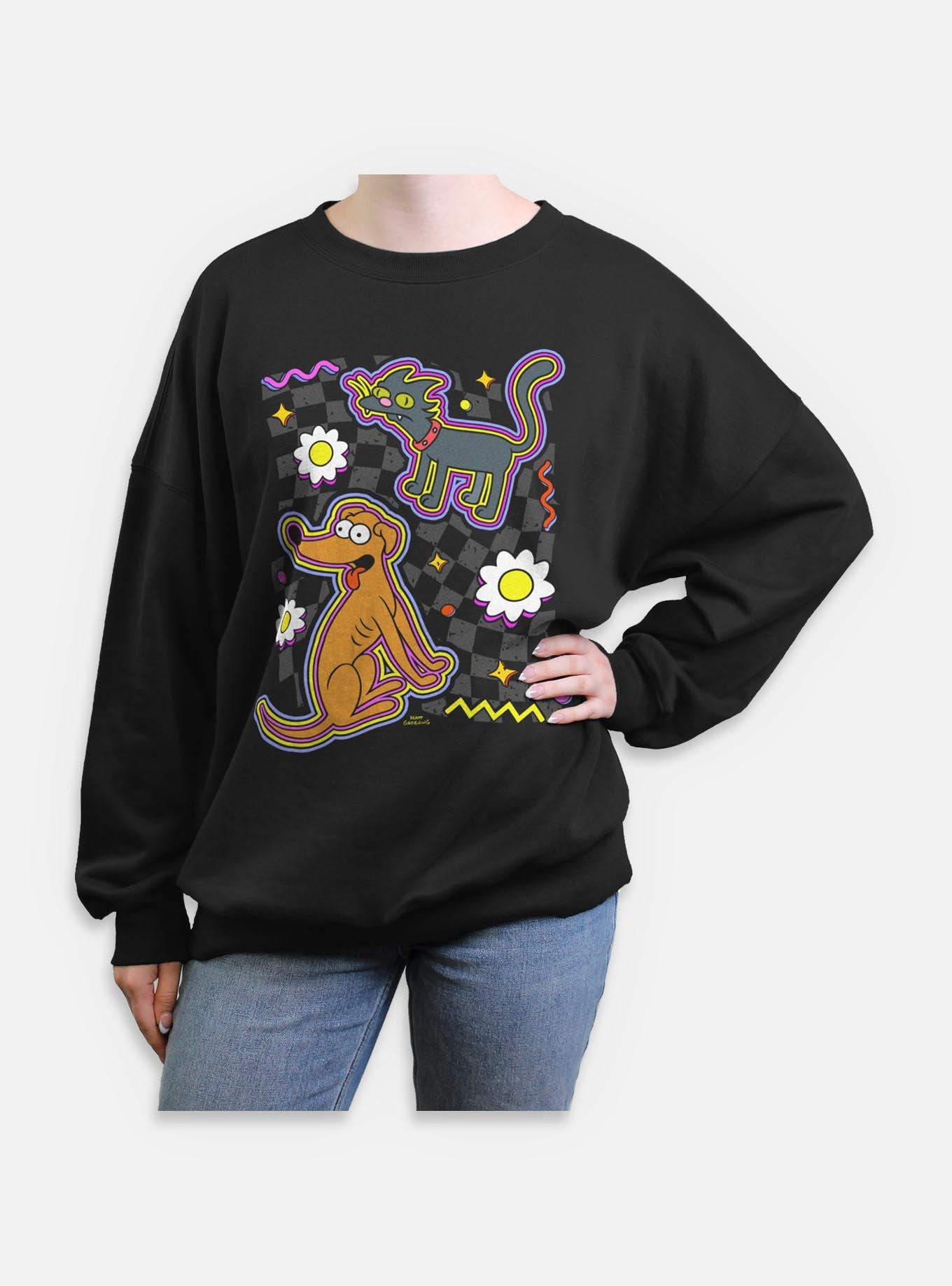 The Simpsons Cat Dog Floral Retro Womens Oversized Sweatshirt, BLACK, hi-res