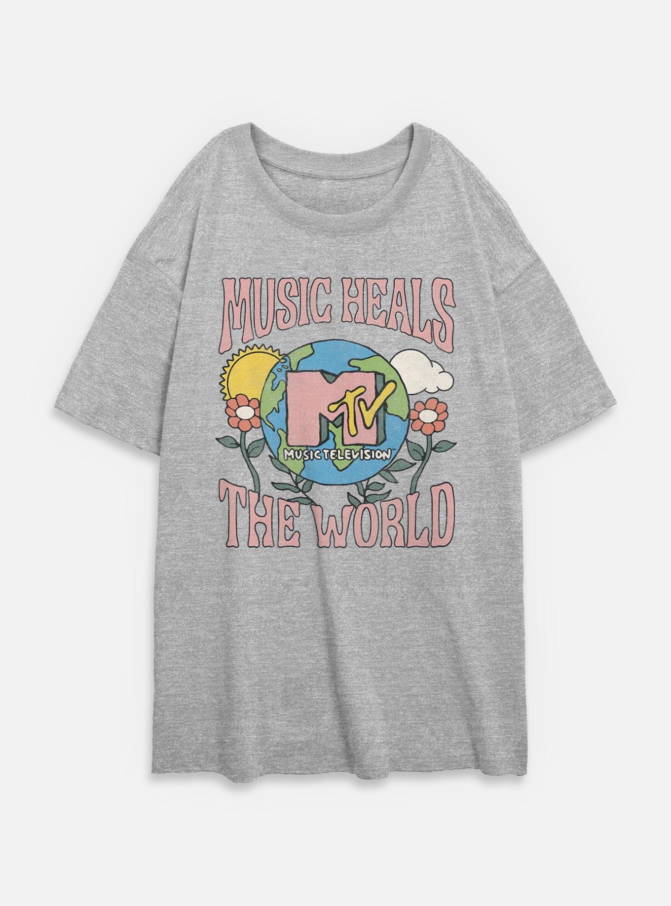 MTV Daisies Girls T-Shirt Plus Size Music Heals The World Floral Womens Oversized T-Shirt, ATH HTR, hi-res