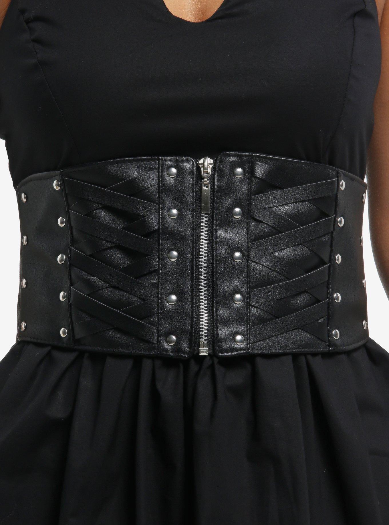 Black Strappy Stud Zipper Corset Belt, , hi-res