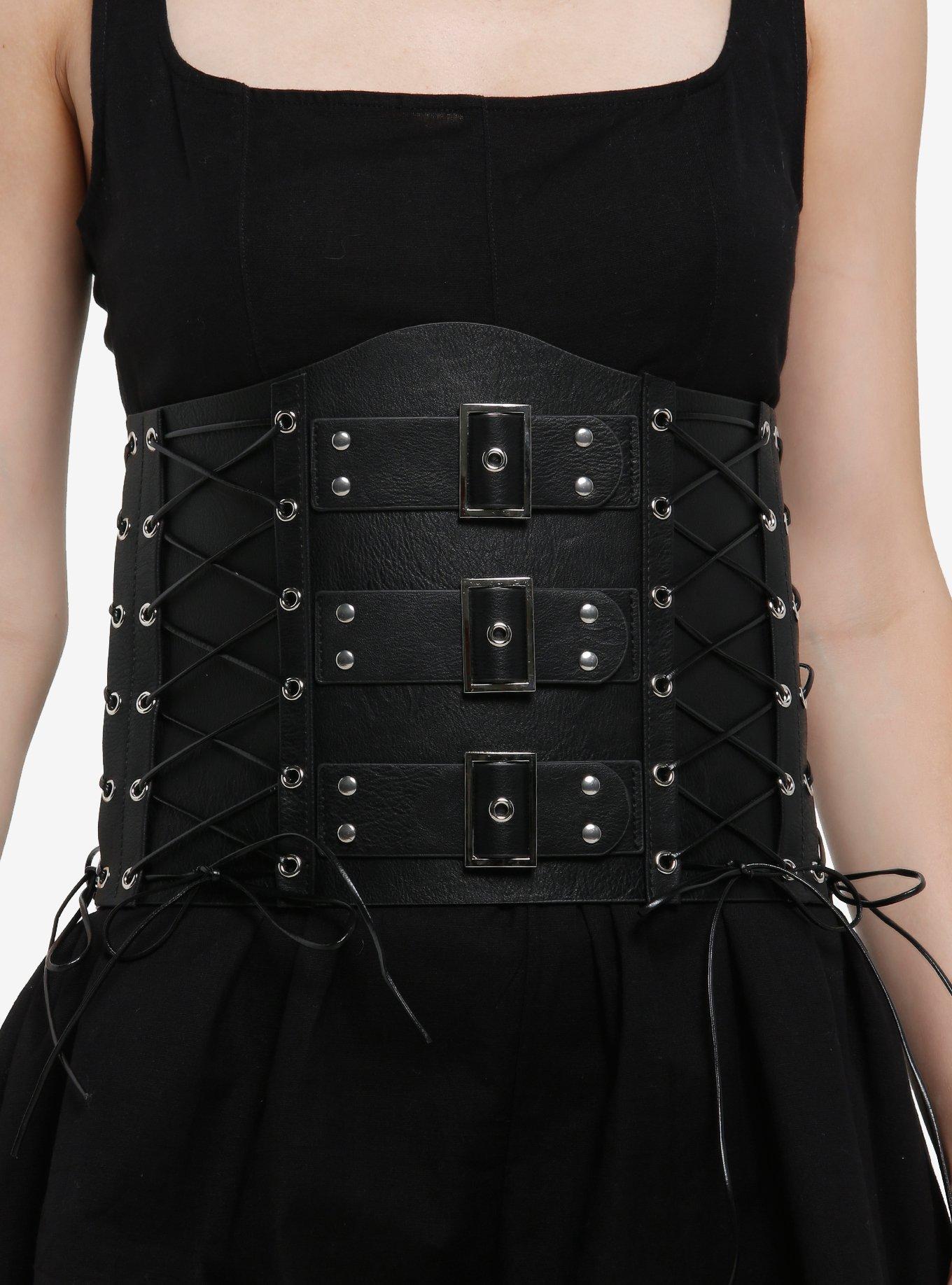 Black Buckle Lace-Up Corset Belt, , hi-res