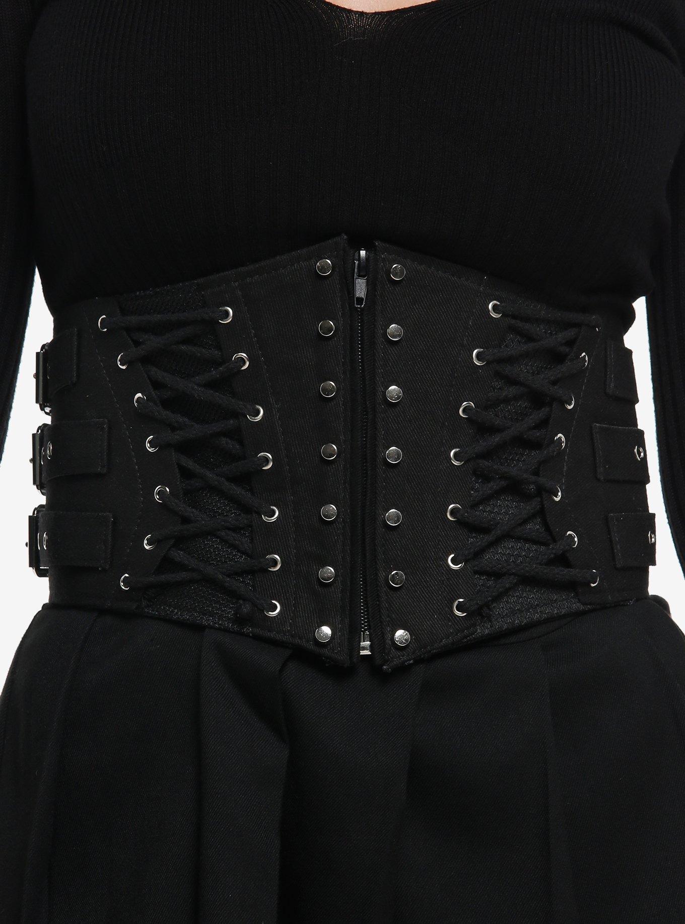 Black Denim Lace-Up Buckle Straps Corset, , hi-res
