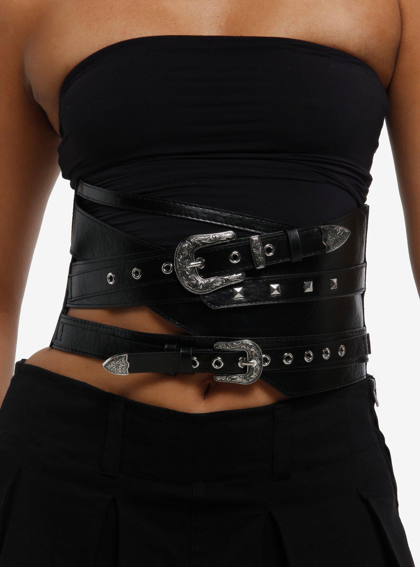 Black Western Buckle Wrap Corset Belt, , hi-res