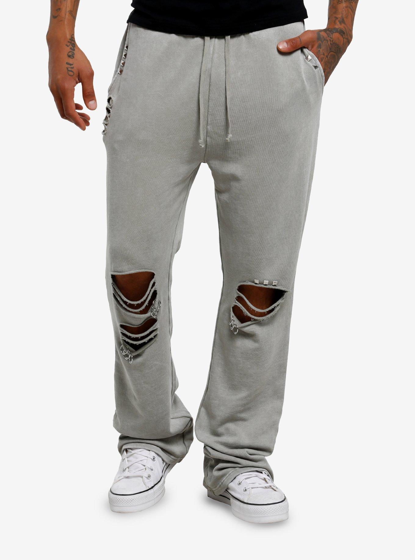 Grey Destructed Stud Flare Jogger Sweatpants, , hi-res
