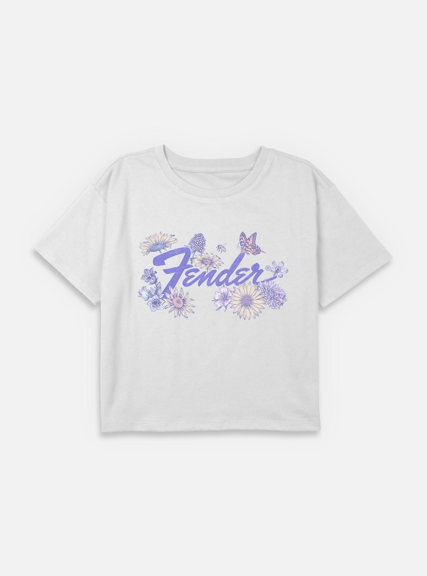Fender Record Playing Guitar Garment Dye T-Shirt Spring Flowers Youth Girls Boxy Crop T-Shirt, , hi-res