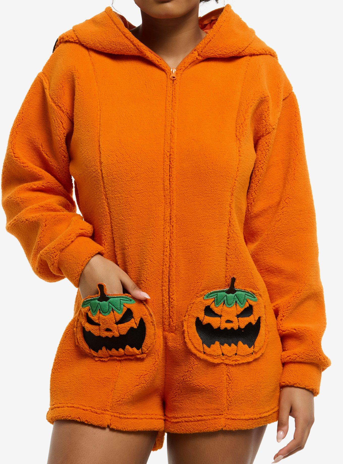 Thorn & Fable Jack-O'-Lantern Sherpa Girls Hooded Romper, , hi-res