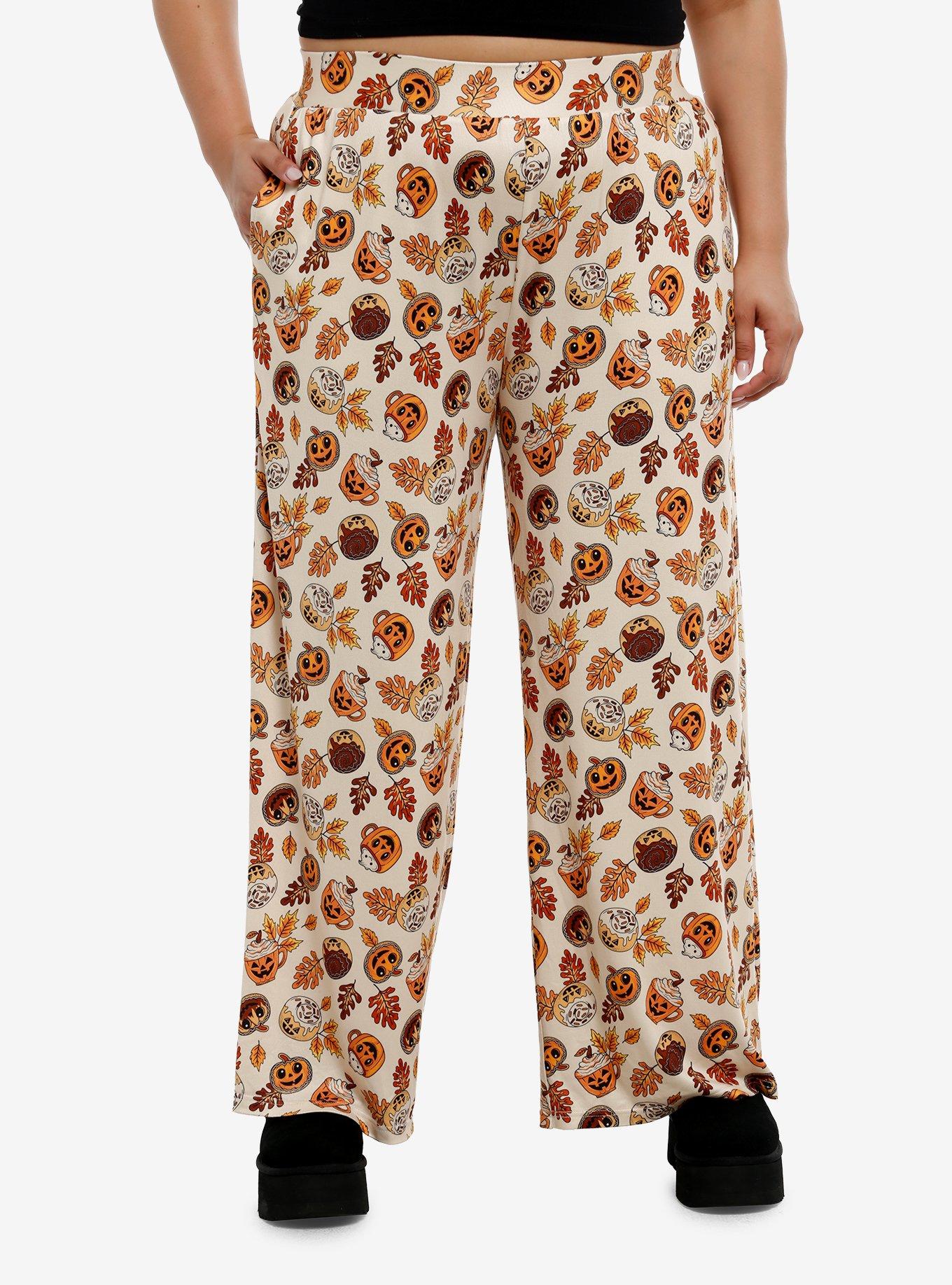 Thorn & Fable Pumpkin Spice Jack-O'-Lanterns Wide Leg Lounge Pants Plus Size, , hi-res