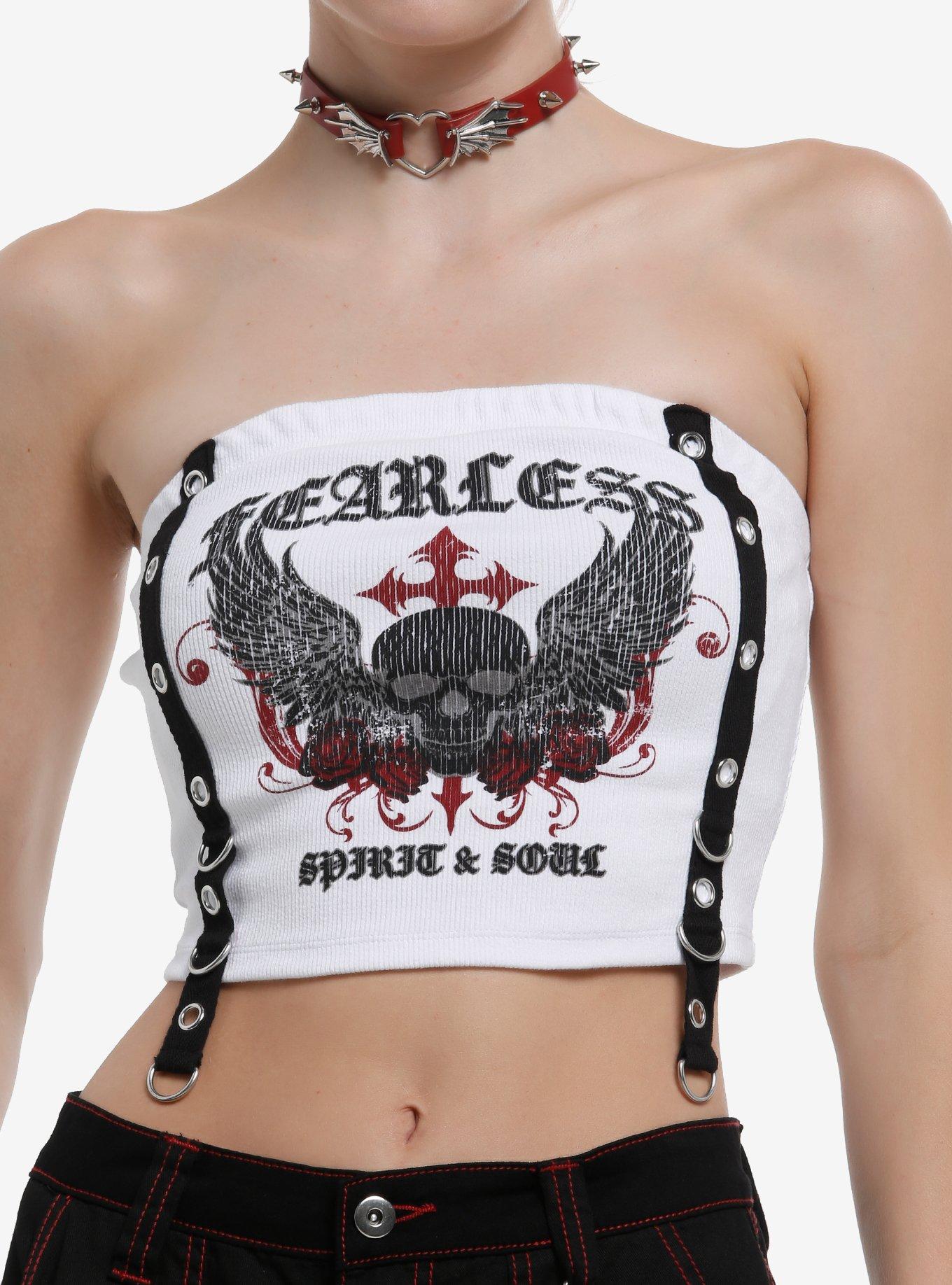 Fearless Skull Grommet Tape Tube Top, , hi-res