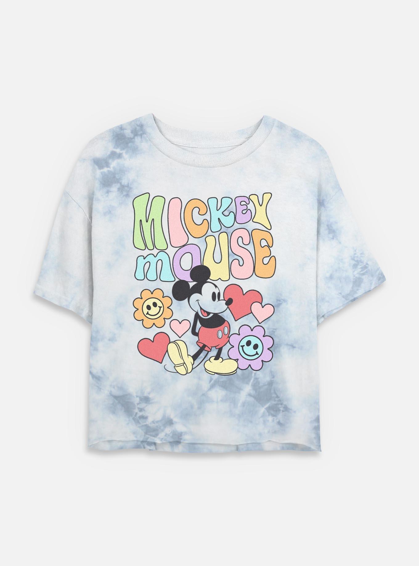 Disney Mickey Mouse Flower Faces Tie Dye Crop Womens T-Shirt, WHITEBLUE, hi-res