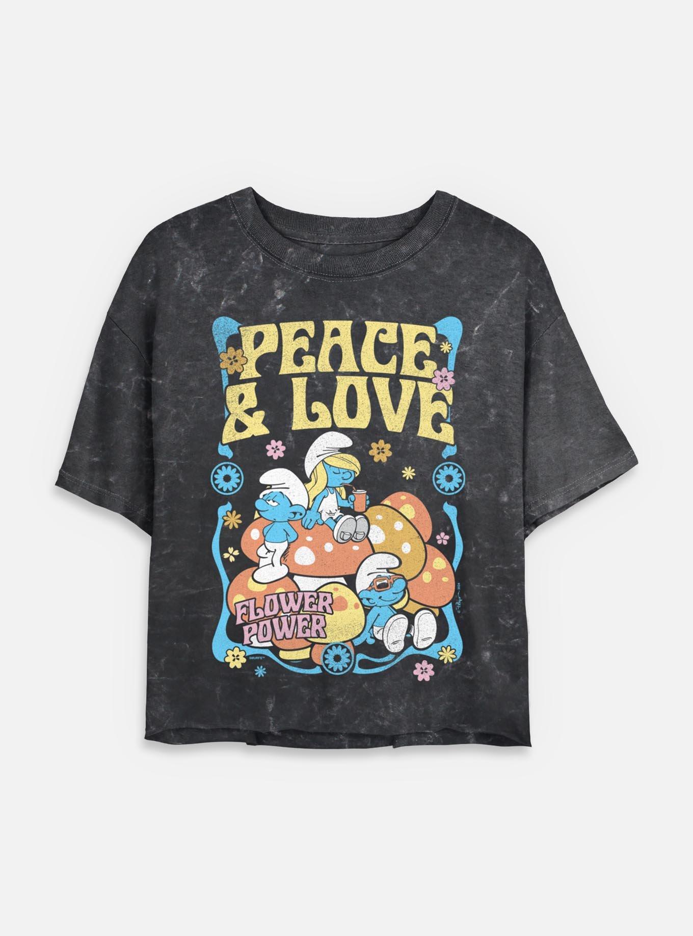 The Smurfs Peace & Love Flower Power Mineral Wash Womens Crop T-Shirt, , hi-res