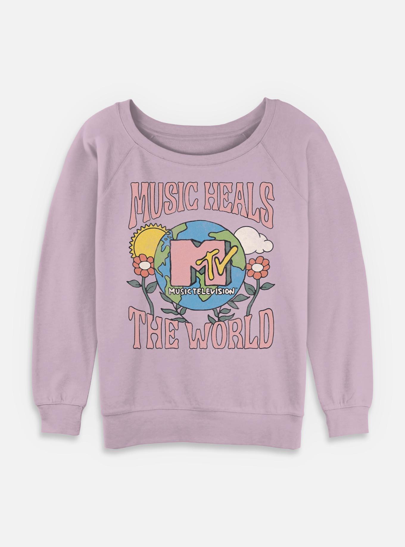 MTV Daisies Girls T-Shirt Plus Size Music Heals The World Floral Womens Slouchy Sweatshirt, , hi-res