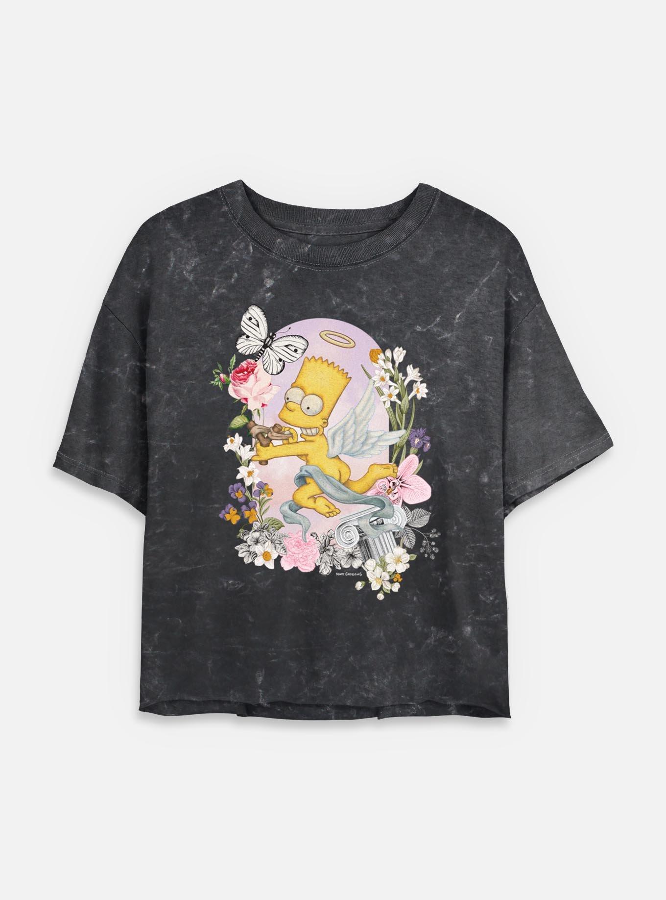 The Simpsons Cherub Bart Floral Spring Mineral Wash Womens Crop T-Shirt, BLACK, hi-res