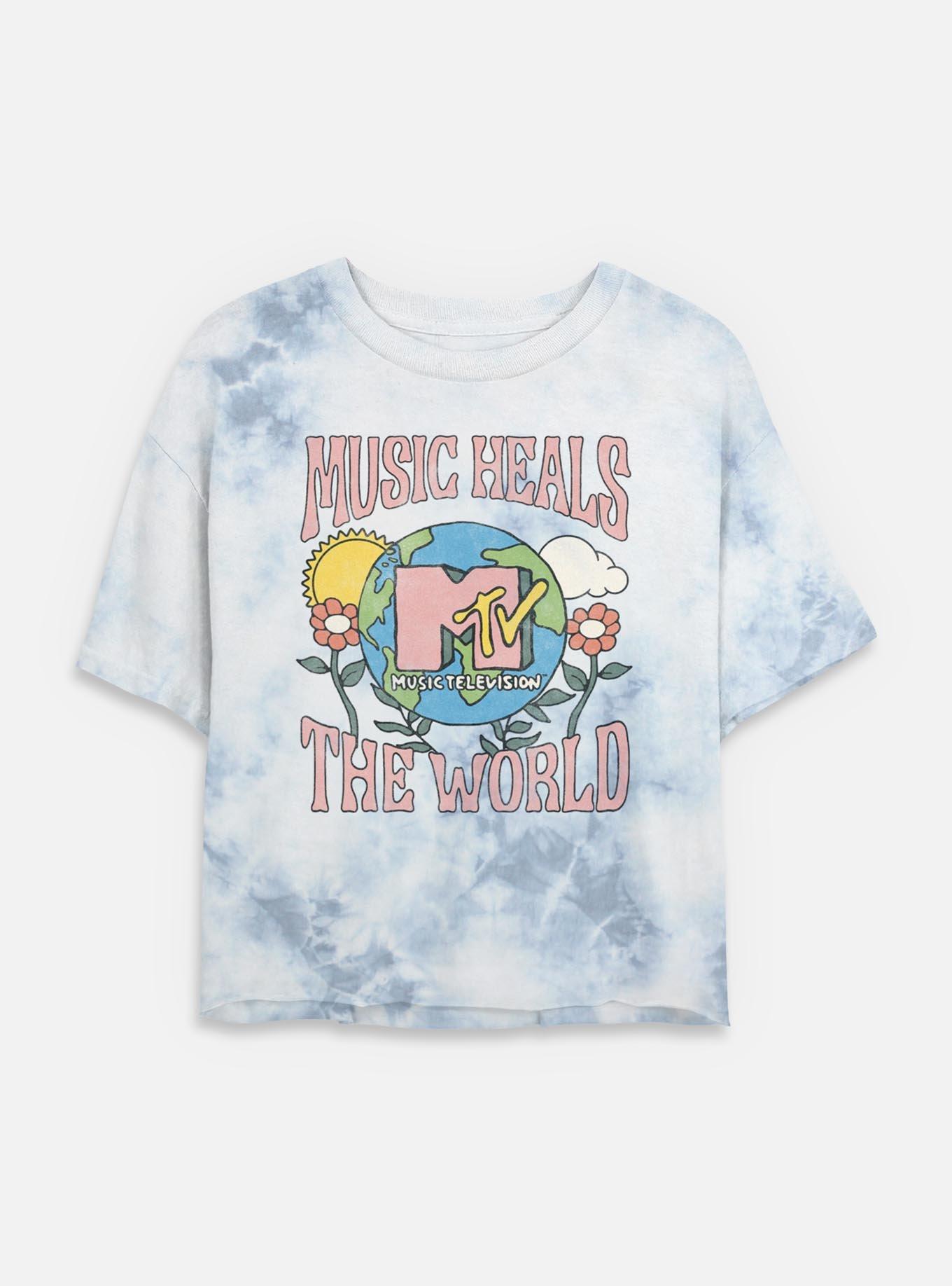 MTV Daisies Girls T-Shirt Plus Size Music Heals The World Floral Tie Dye Crop Womens T-Shirt, WHITEBLUE, hi-res