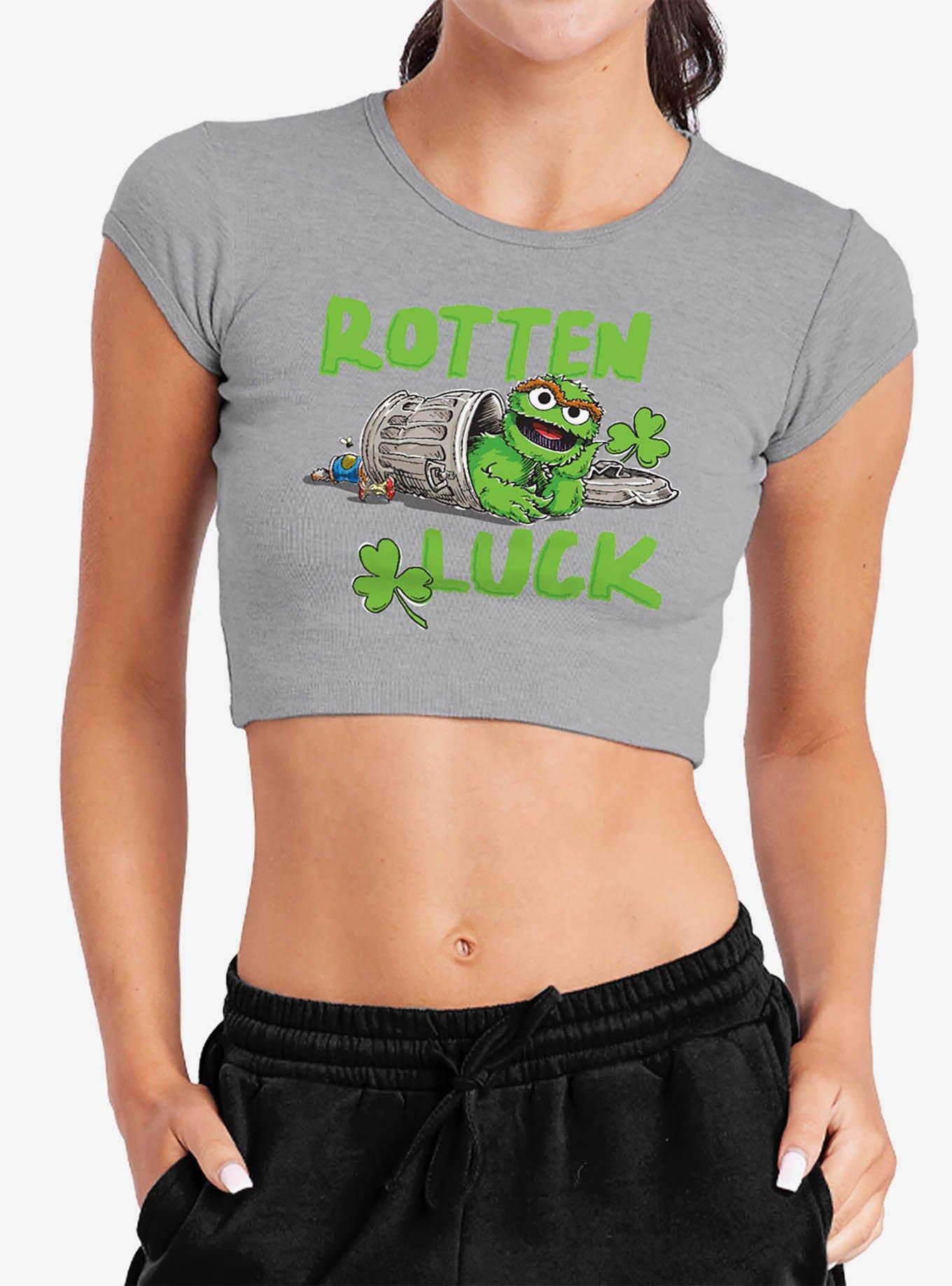 Sesame Street Oscar Rotten Luck Cap Sleeve Baby Rib Women's Crop Top Grey, , hi-res