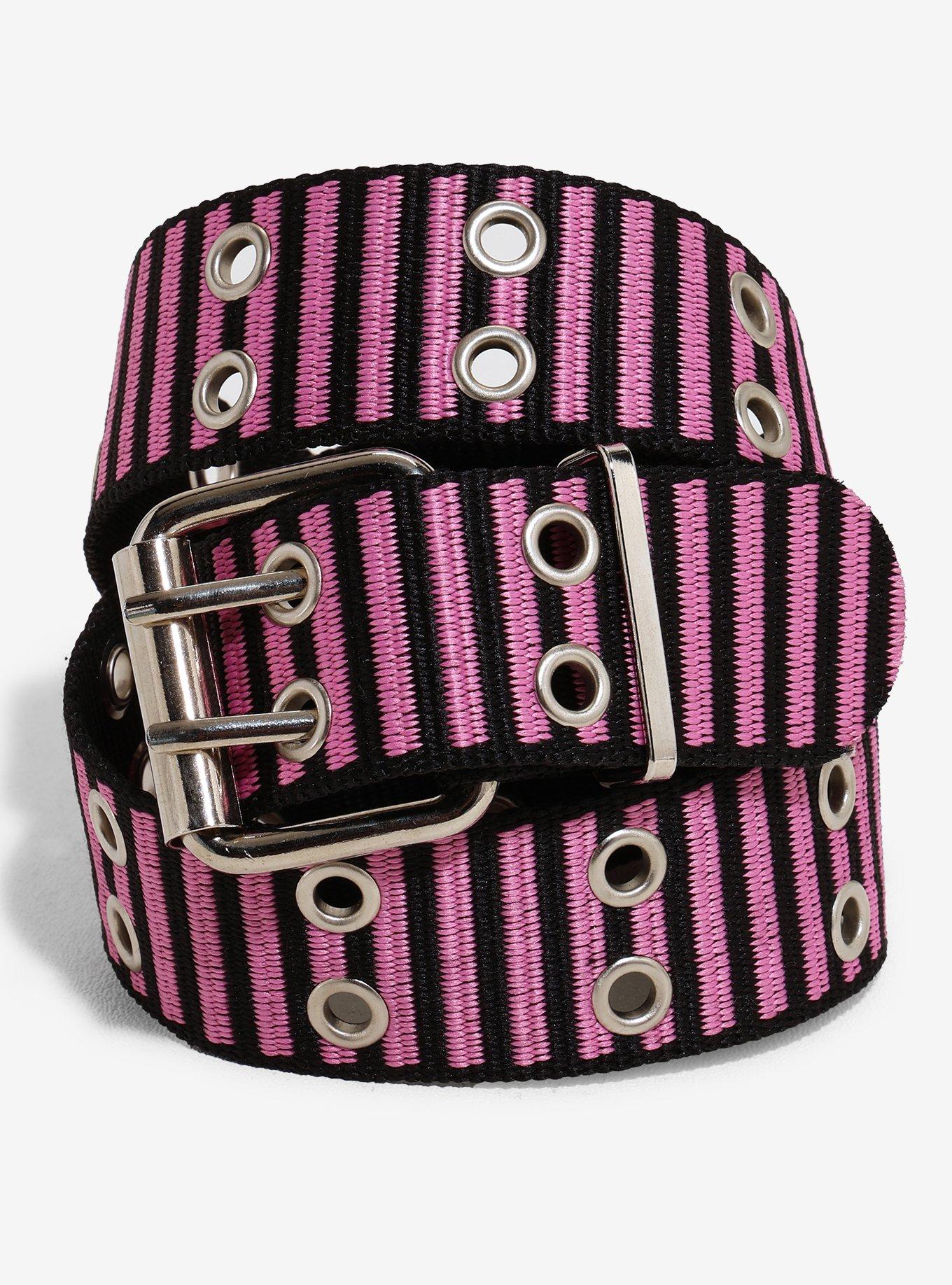 Black & Pink Stripe Grommet Belt, , hi-res