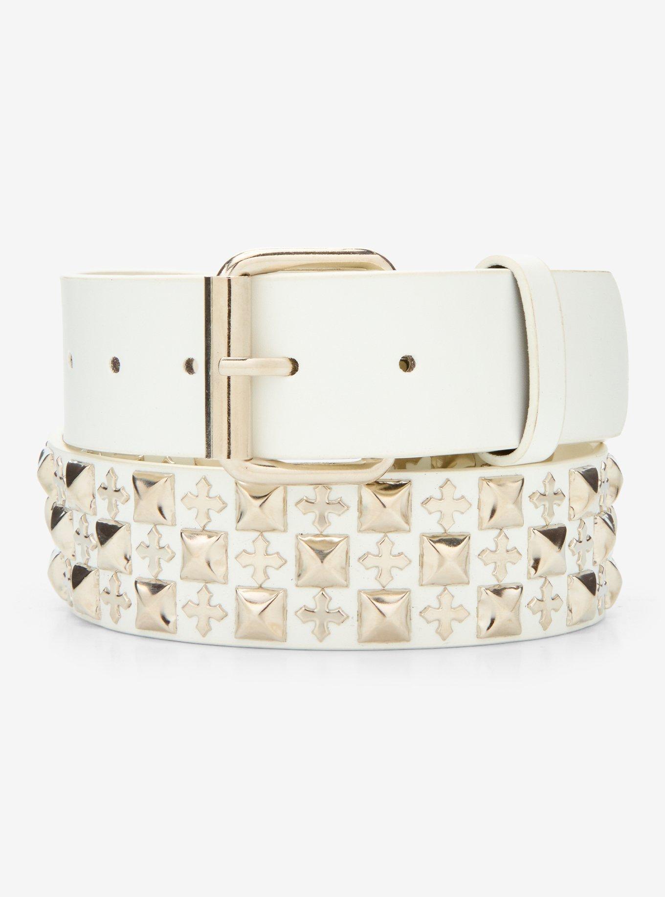 White & Silver Cross Three Row Pyramid Stud Belt, , hi-res