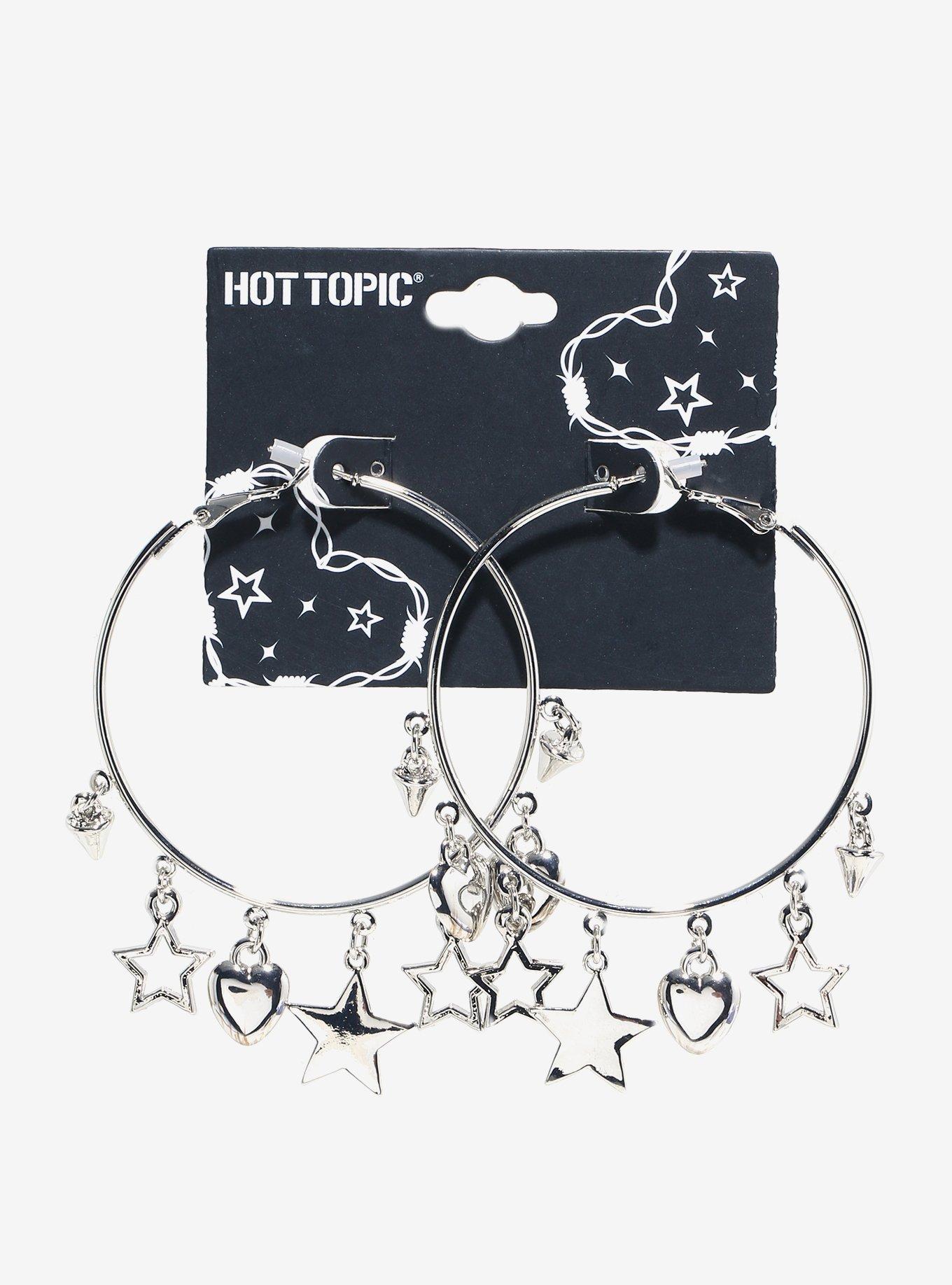 Silver Star Heart Hoop Earrings, , hi-res