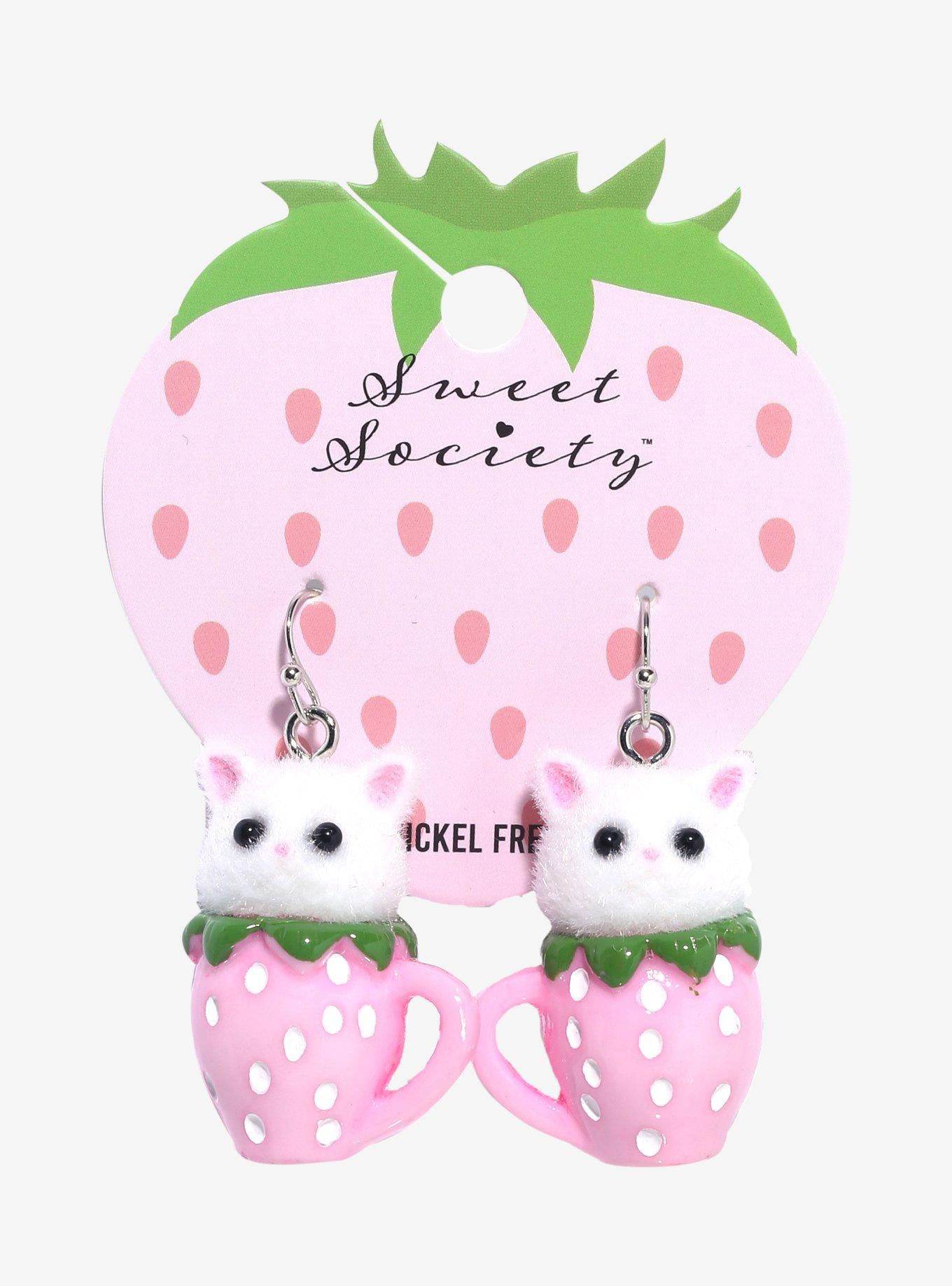 Sweet Society Fuzzy Kitty Strawberry Cup Earrings, , hi-res