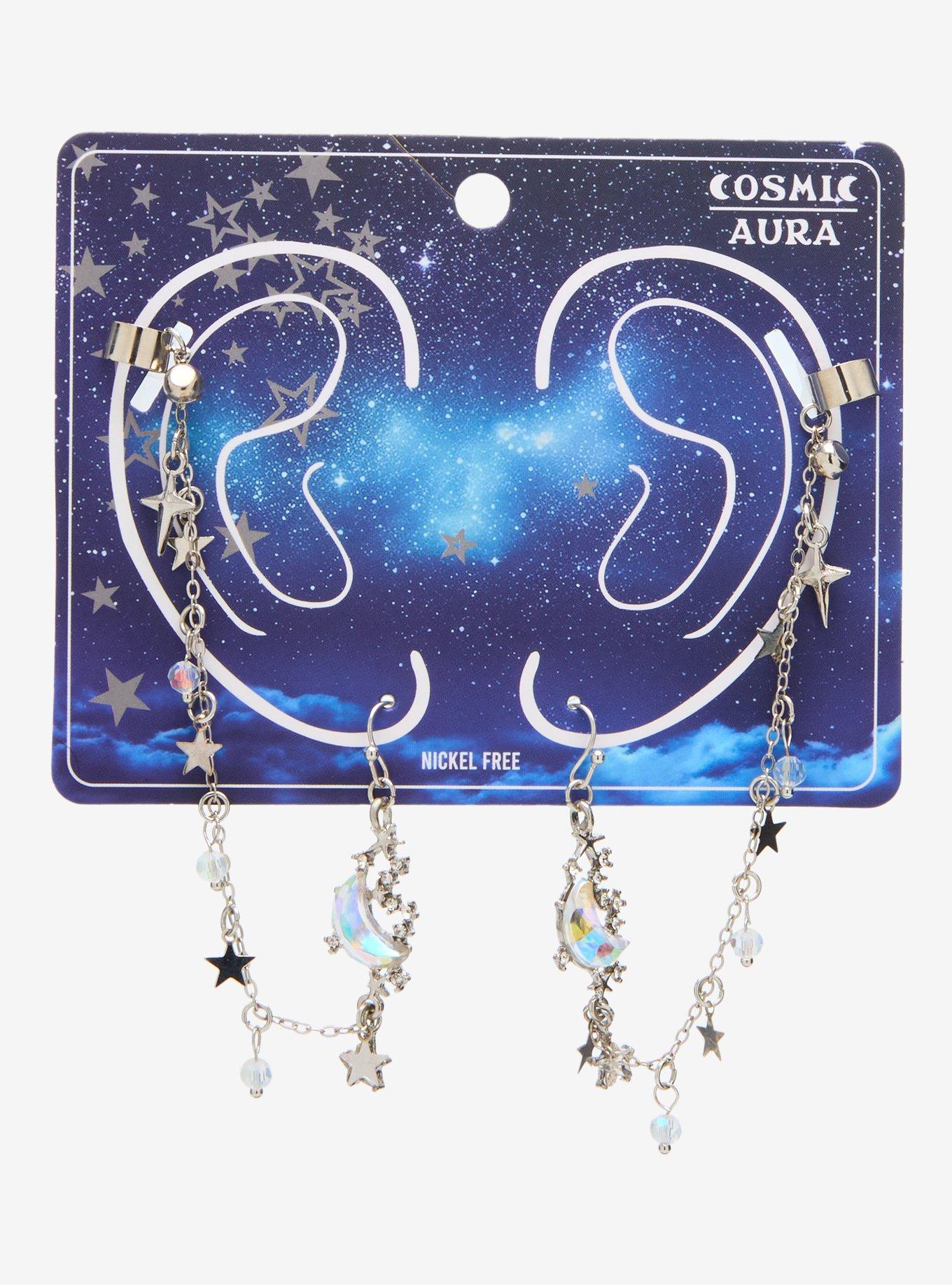 Cosmic Aura Moon & Star Charm Chain Earrings, , hi-res