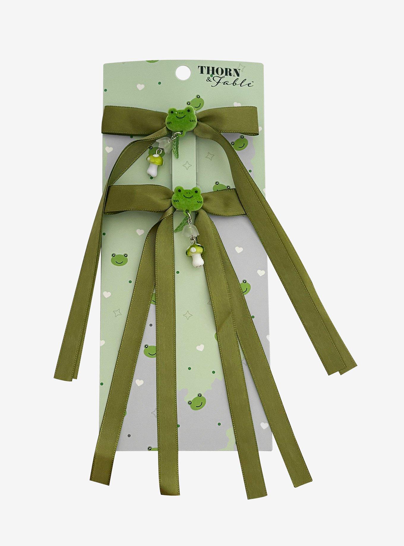 Thorn & Fable Frog Ribbon Bow Hair Clip Set, , hi-res